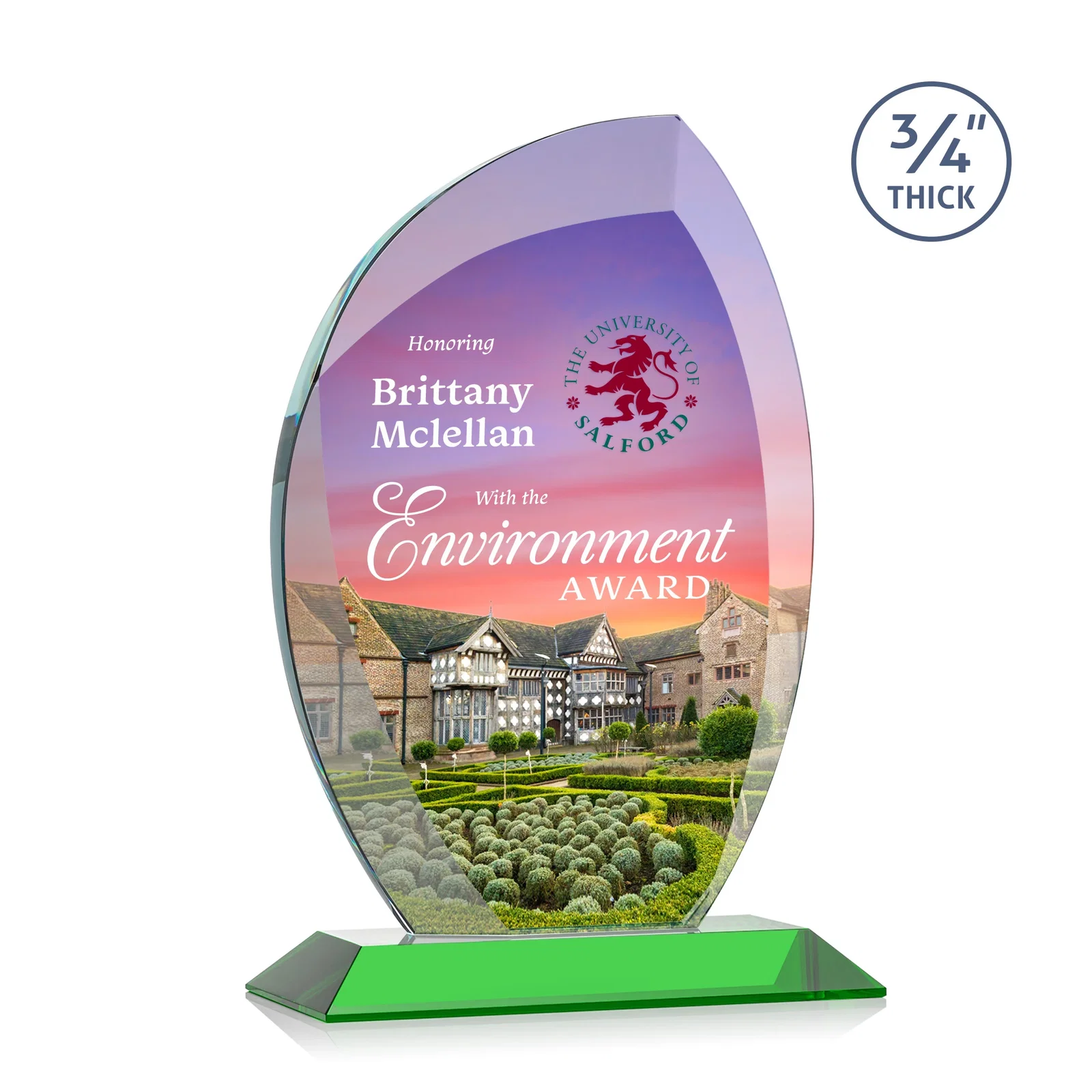 Branded Starfire Crystal Arch Award on Rosewood and Bamboo Base for company anniversary events