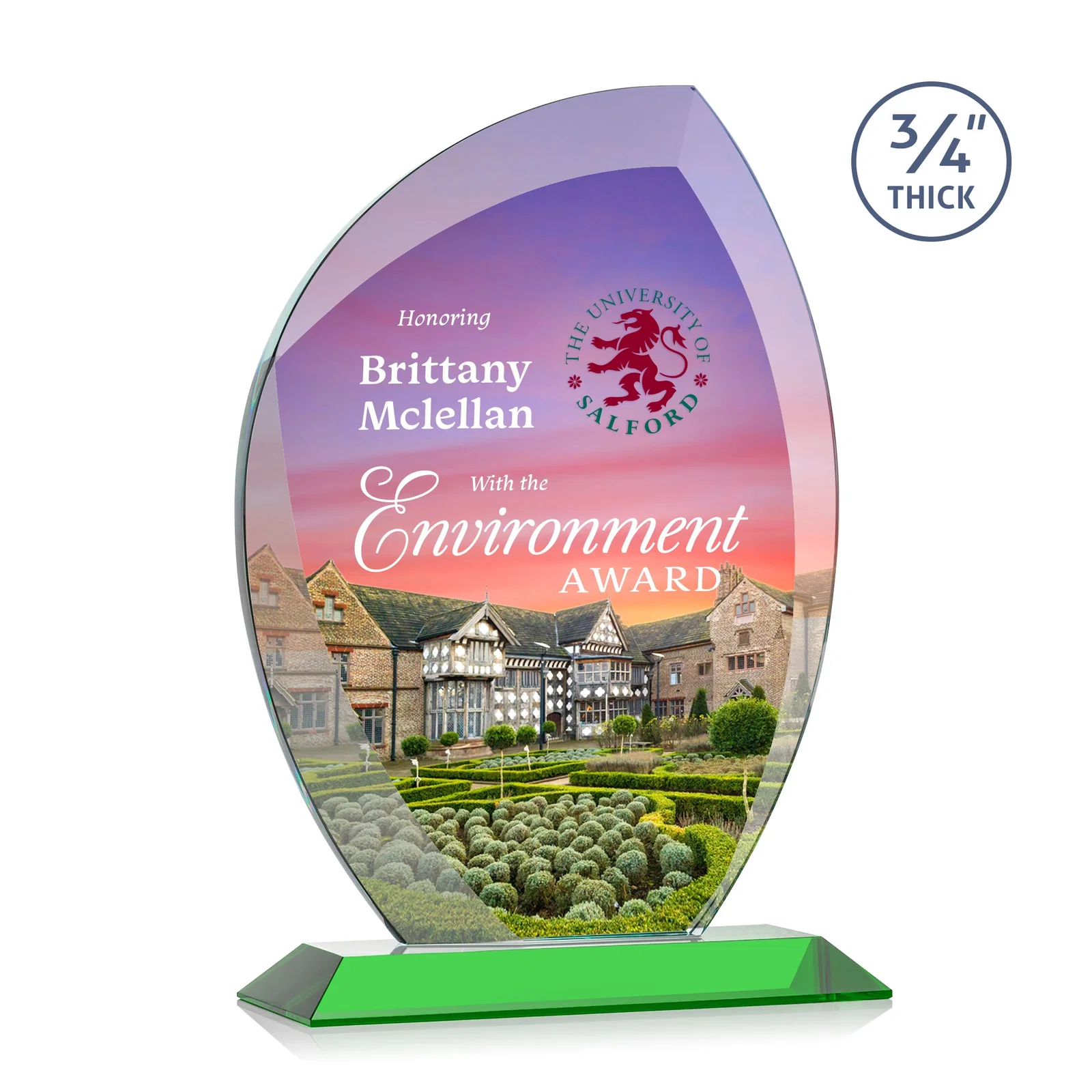 Custom printed Starfire Crystal Arch Award on Rosewood and Bamboo Base for employee recognition