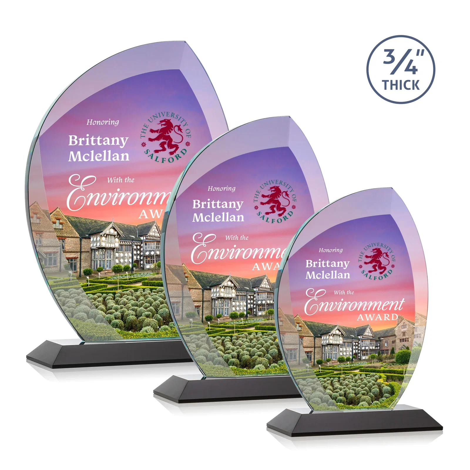 Custom printed Starfire Crystal Arch Award on Rosewood and Bamboo Base for corporate award ceremonies