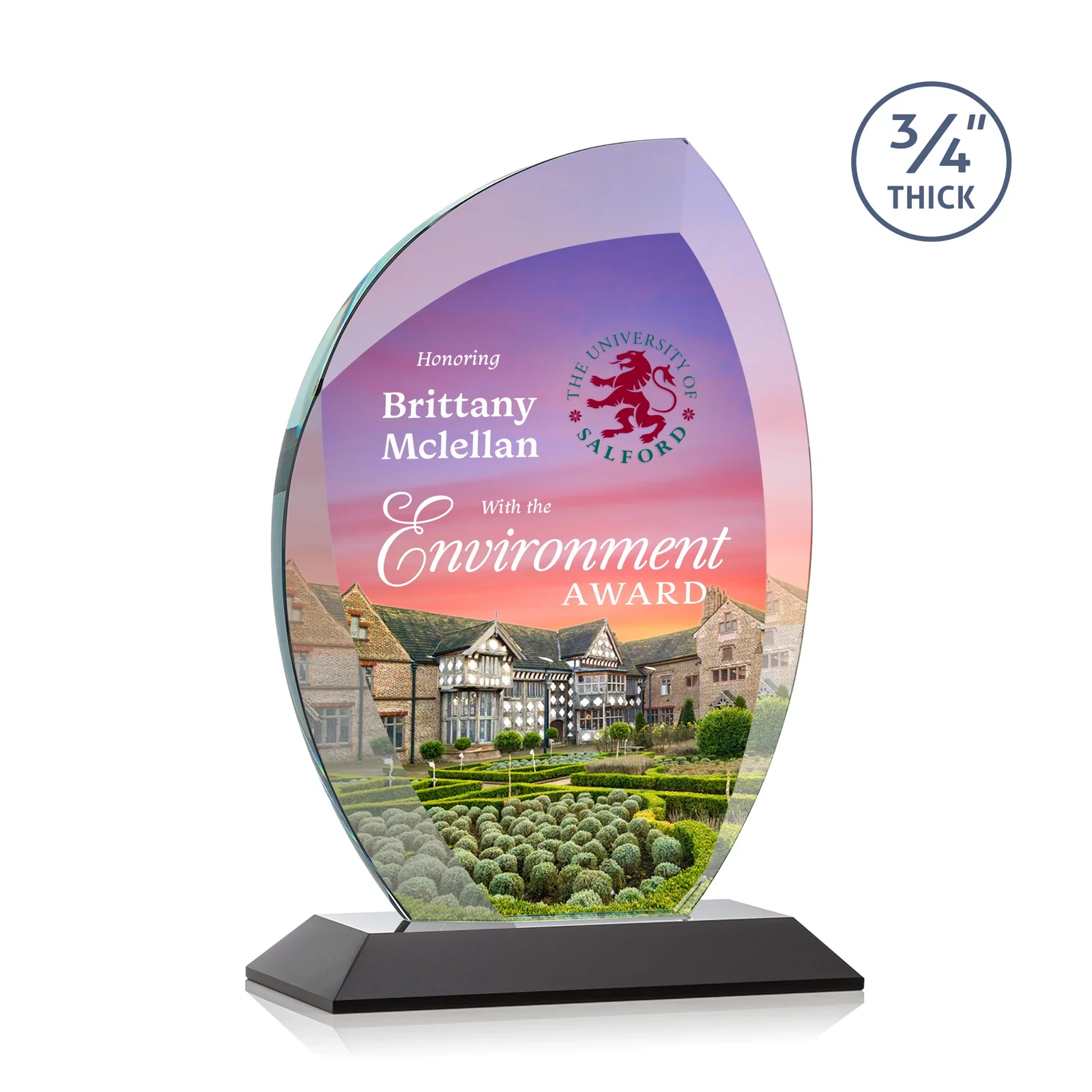 Custom printed Starfire Crystal Arch Award on Rosewood and Bamboo Base for service anniversary gifts