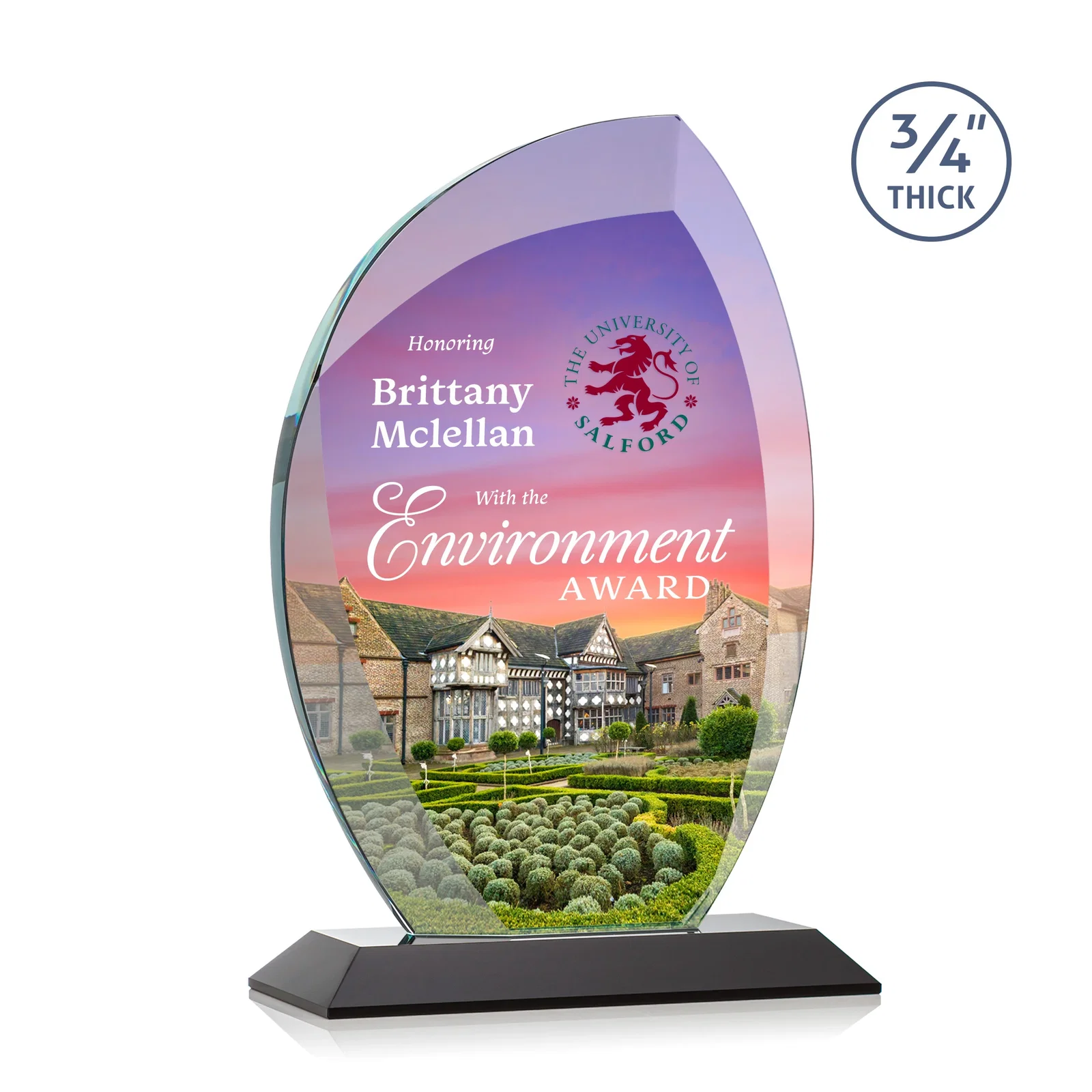 Custom printed Starfire Crystal Arch Award on Rosewood and Bamboo Base for sales achievement awards