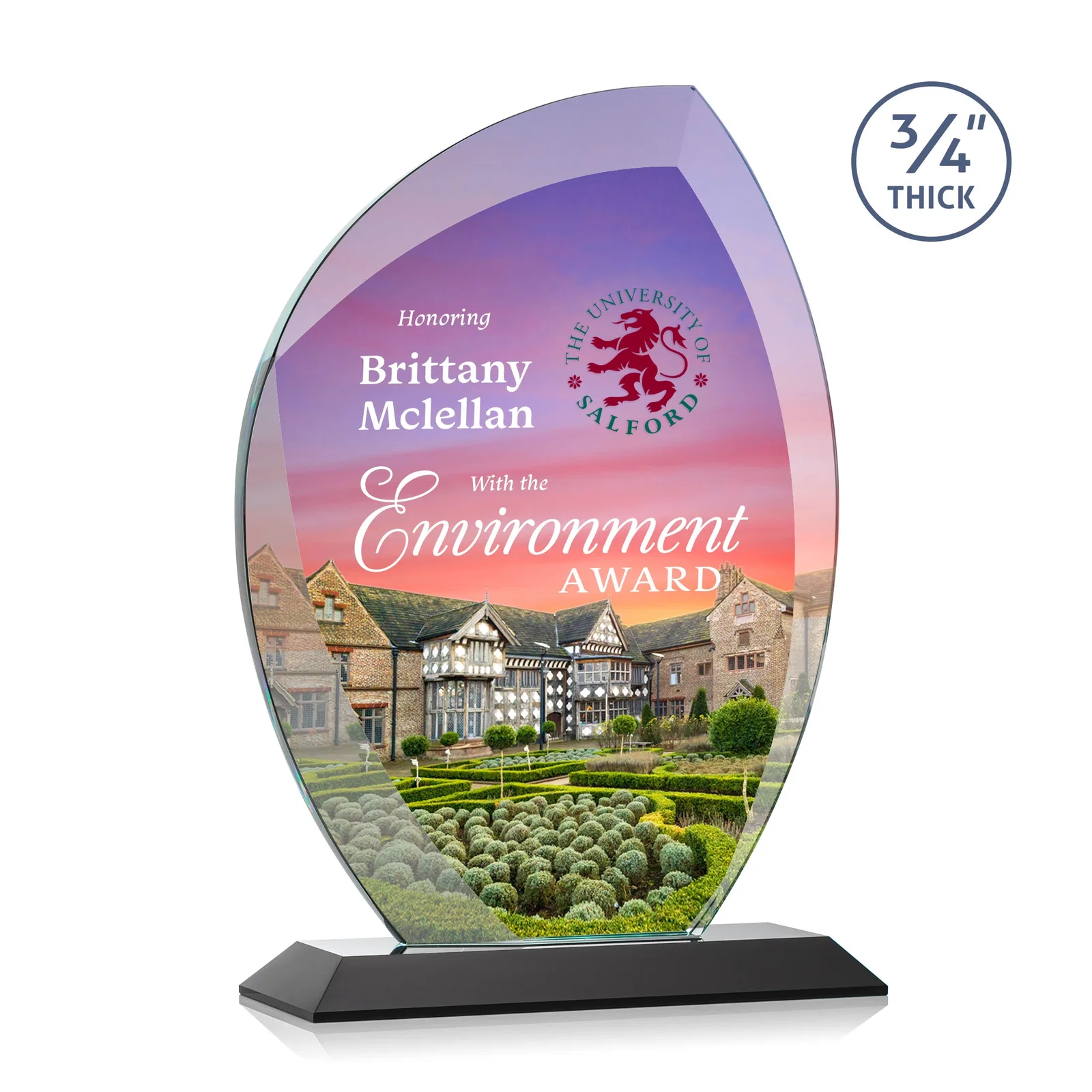 Custom printed Starfire Crystal Arch Award on Rosewood and Bamboo Base for retirement presentations