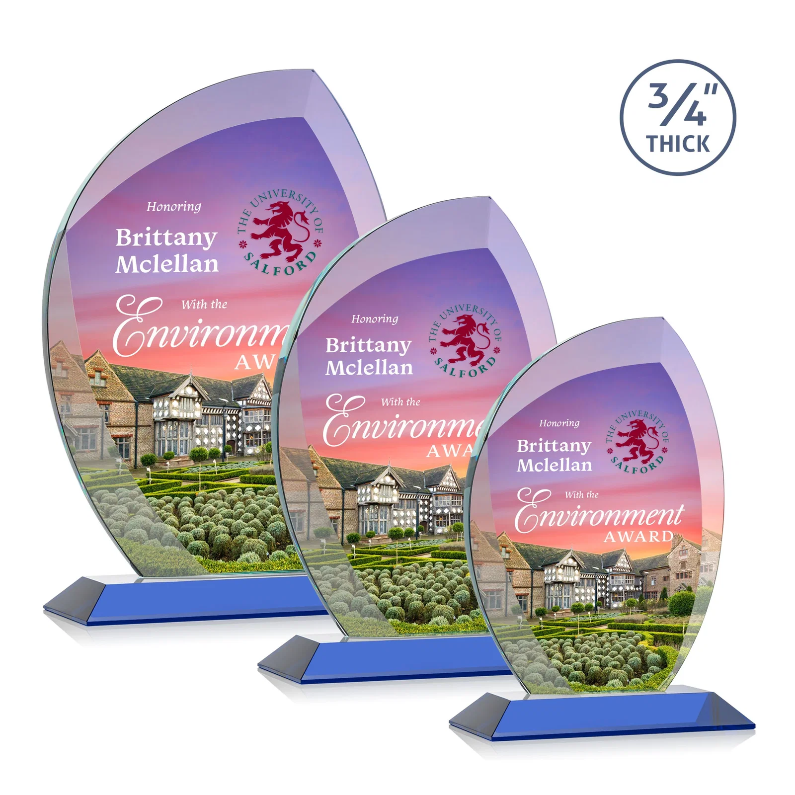 Custom printed Starfire Crystal Arch Award on Rosewood and Bamboo Base for team milestone celebrations