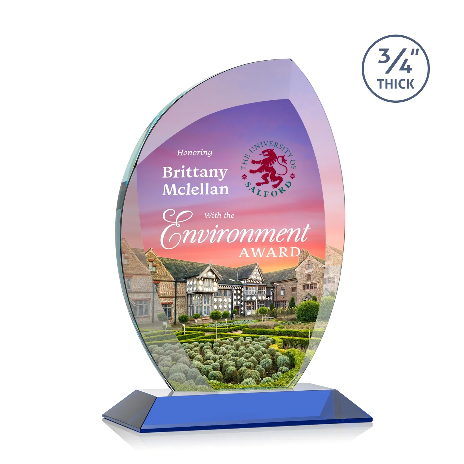 Custom printed Starfire Crystal Arch Award on Rosewood and Bamboo Base for donor appreciation