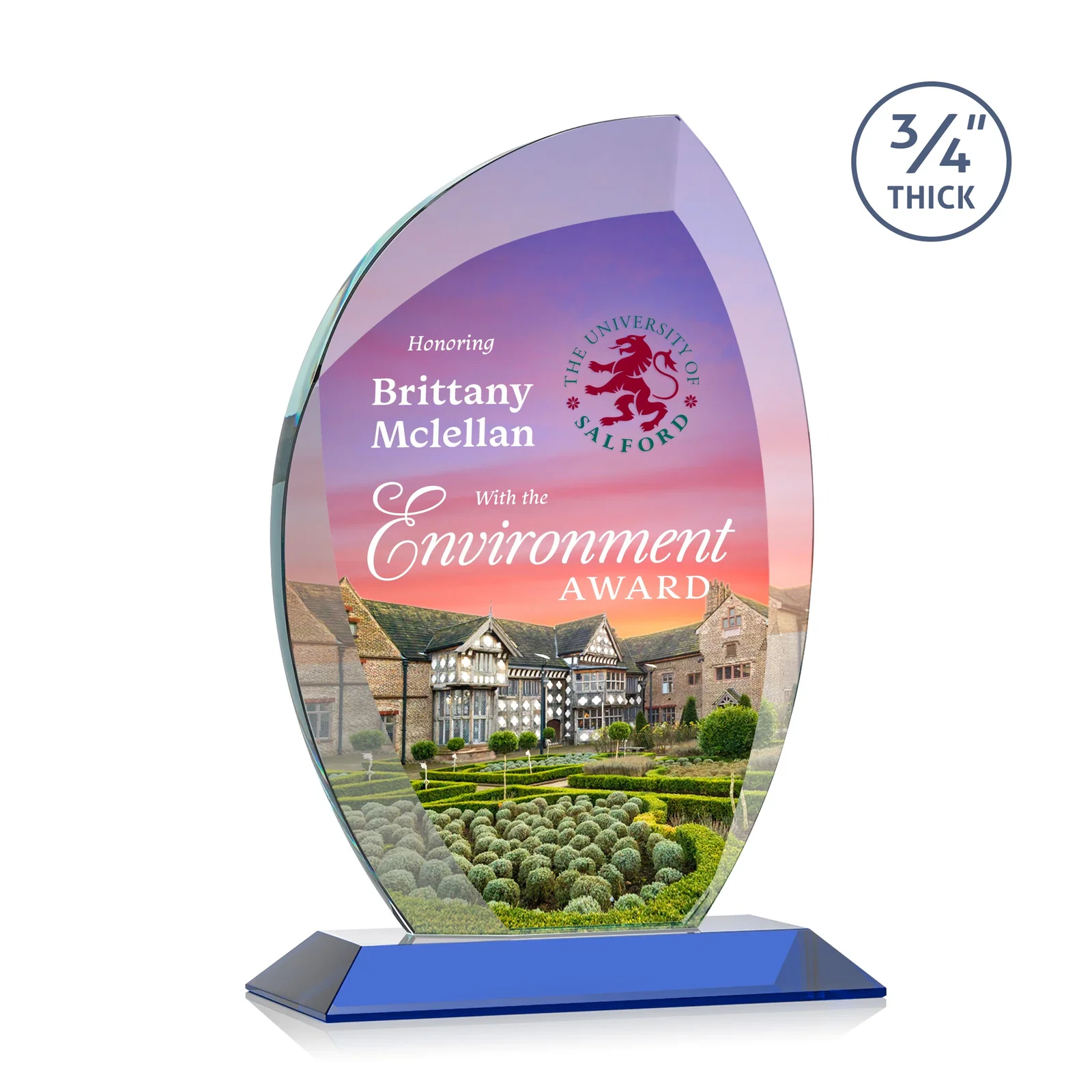 Custom printed Starfire Crystal Arch Award on Rosewood and Bamboo Base for graduation ceremonies