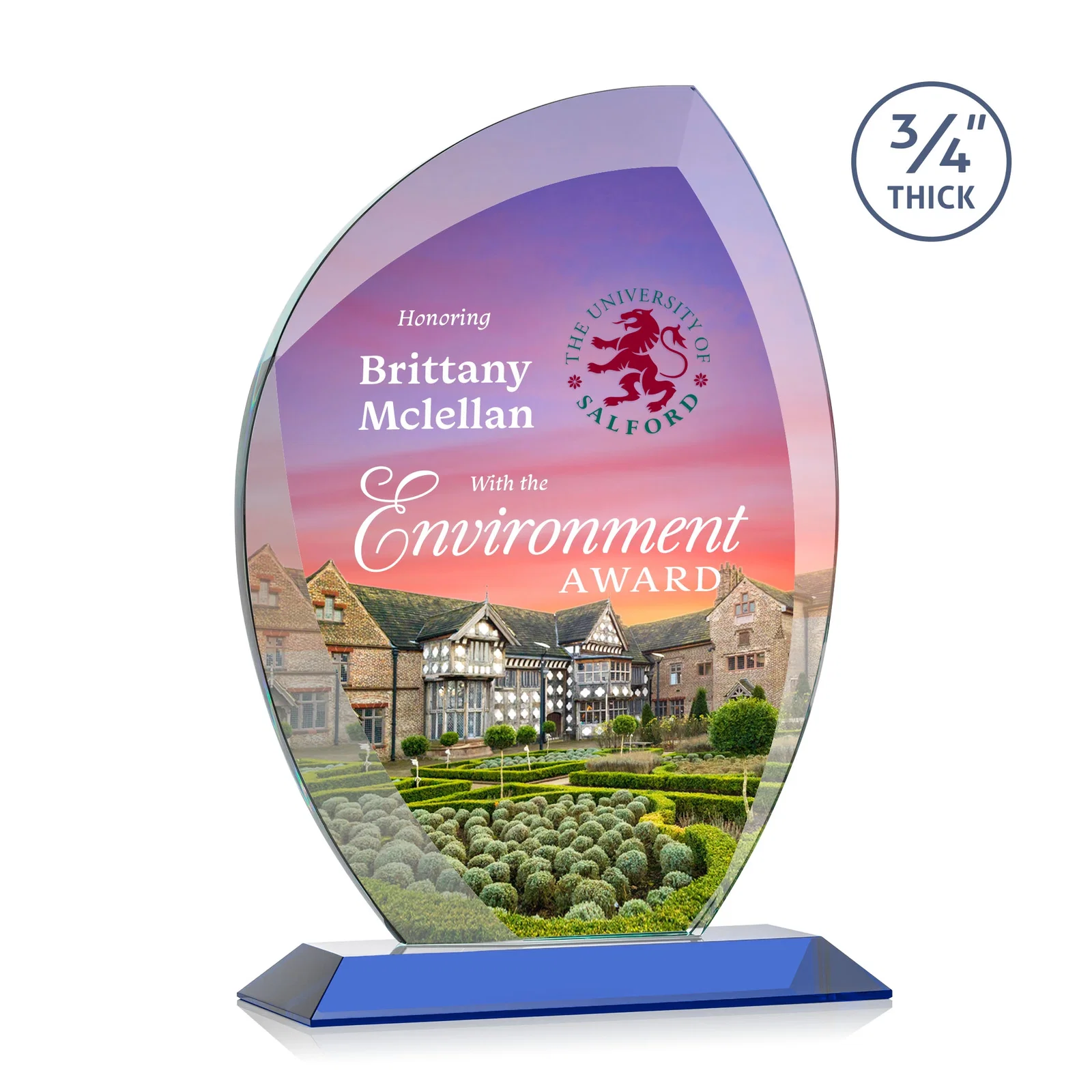 Custom printed Starfire Crystal Arch Award on Rosewood and Bamboo Base for safety achievement programs