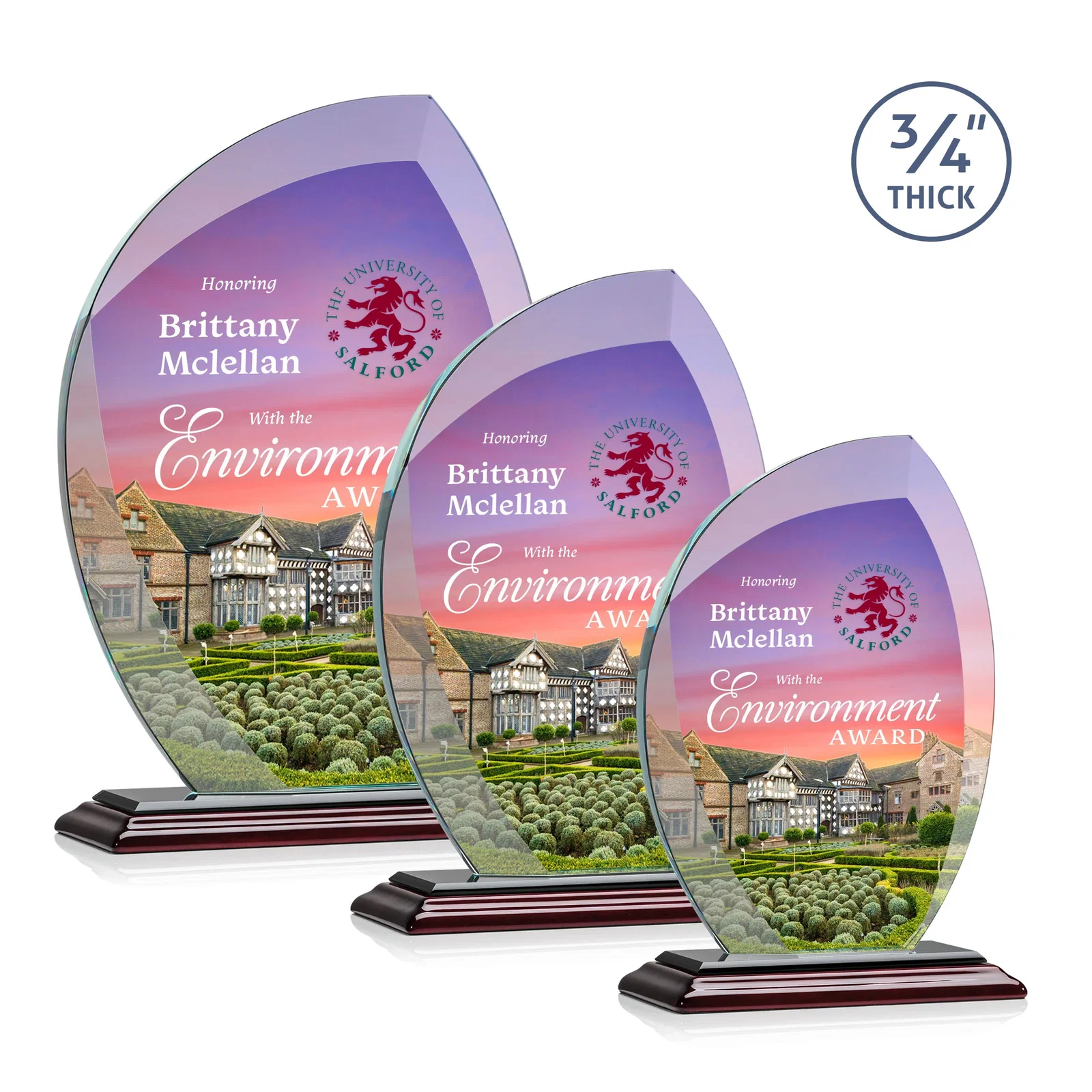 Custom printed Starfire Crystal Arch Award on Rosewood and Bamboo Base for volunteer appreciation