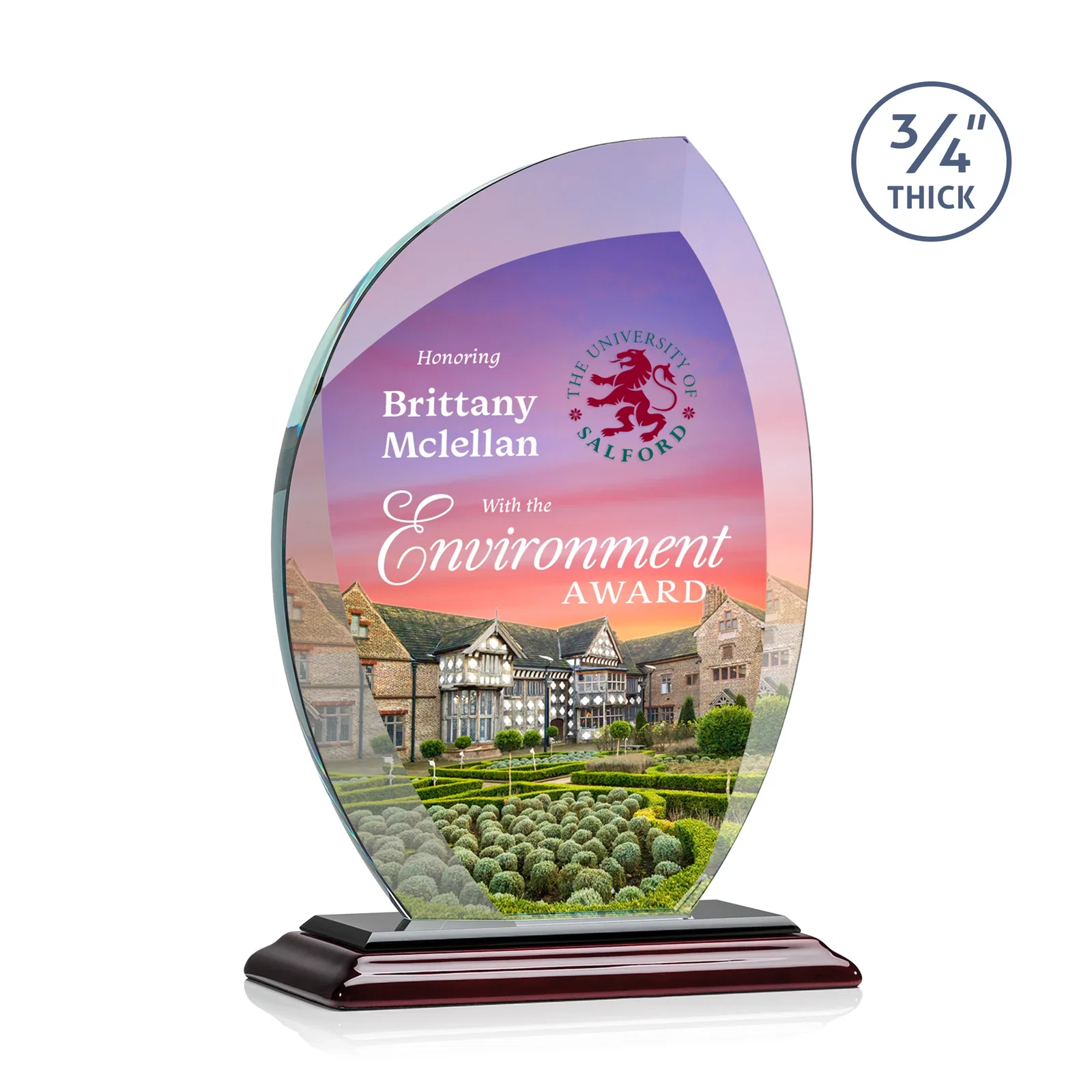 Custom printed Starfire Crystal Arch Award on Rosewood and Bamboo Base for dealer and partner awards