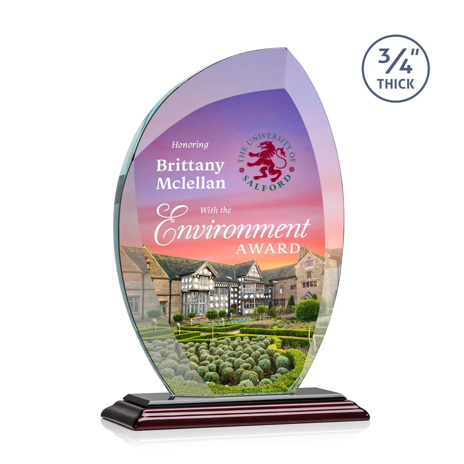 Custom printed Starfire Crystal Arch Award on Rosewood and Bamboo Base for company anniversary events