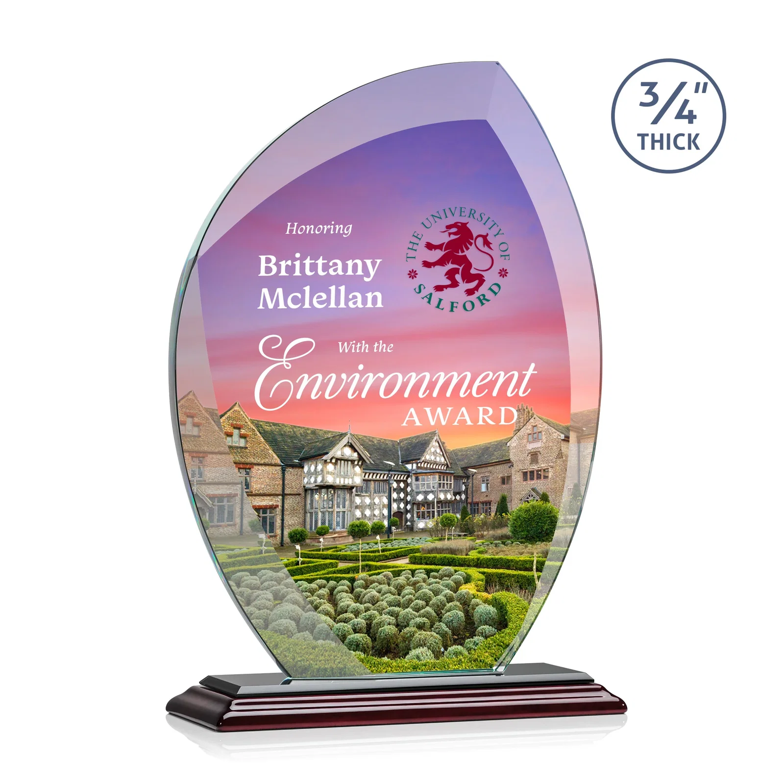 Customized Starfire Crystal Arch Award on Rosewood and Bamboo Base for employee recognition
