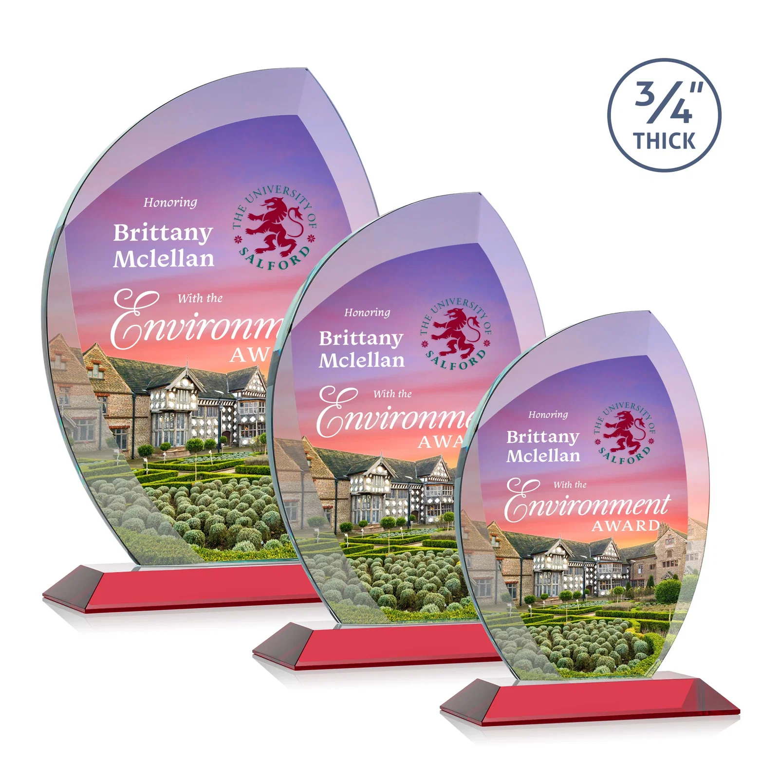 Customized Starfire Crystal Arch Award on Rosewood and Bamboo Base for corporate award ceremonies