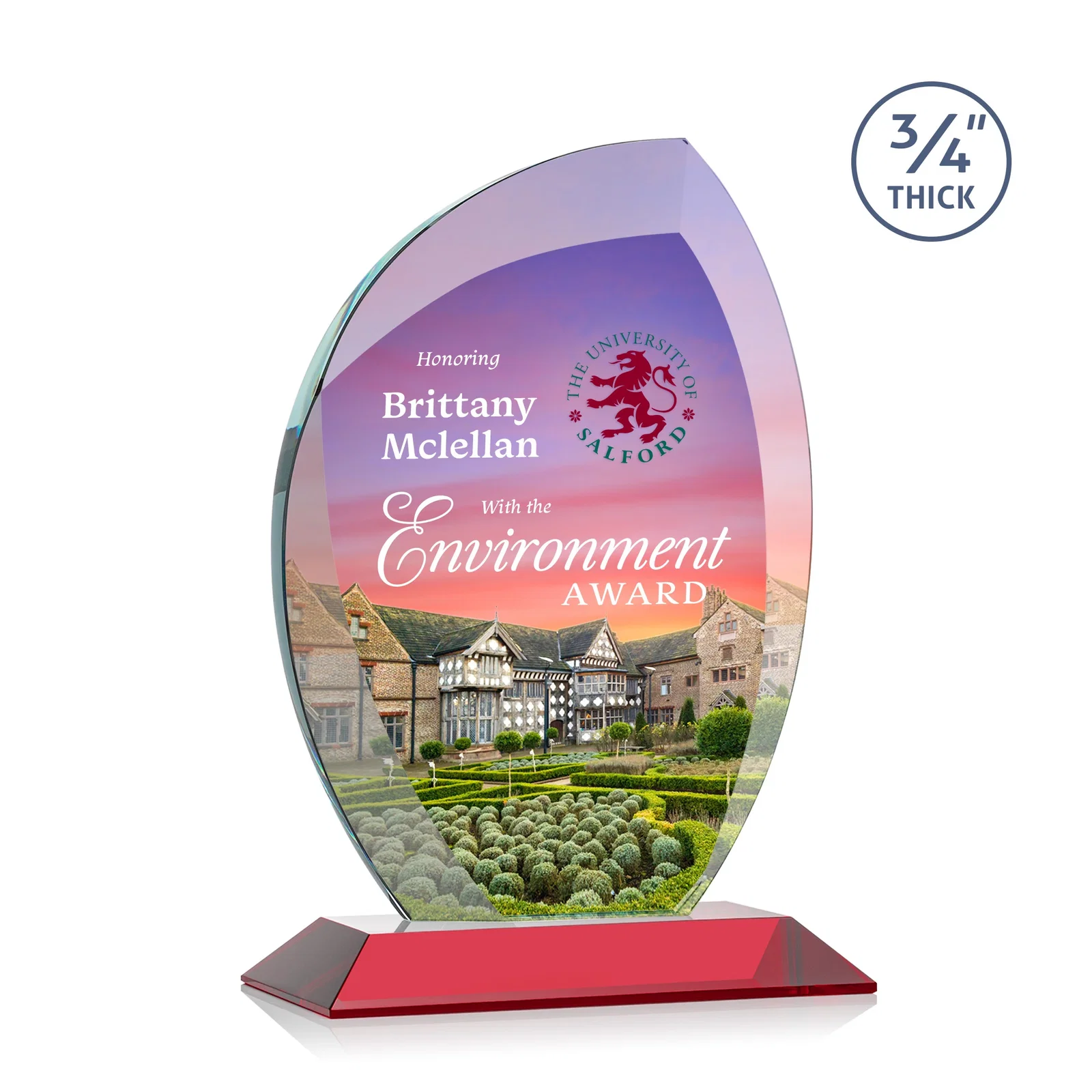 Customized Starfire Crystal Arch Award on Rosewood and Bamboo Base for service anniversary gifts