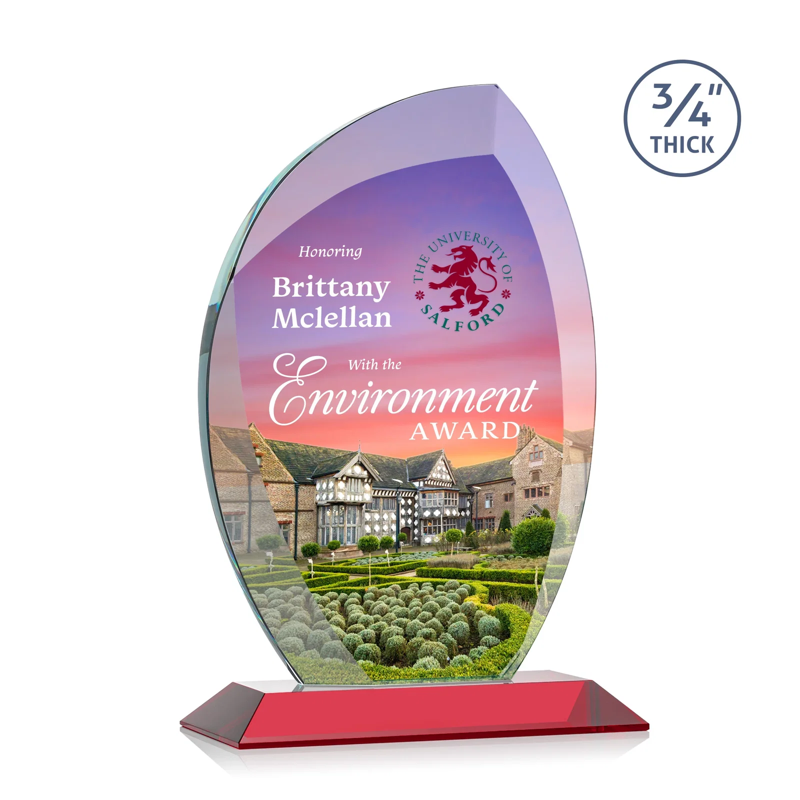 Customized Starfire Crystal Arch Award on Rosewood and Bamboo Base for sales achievement awards
