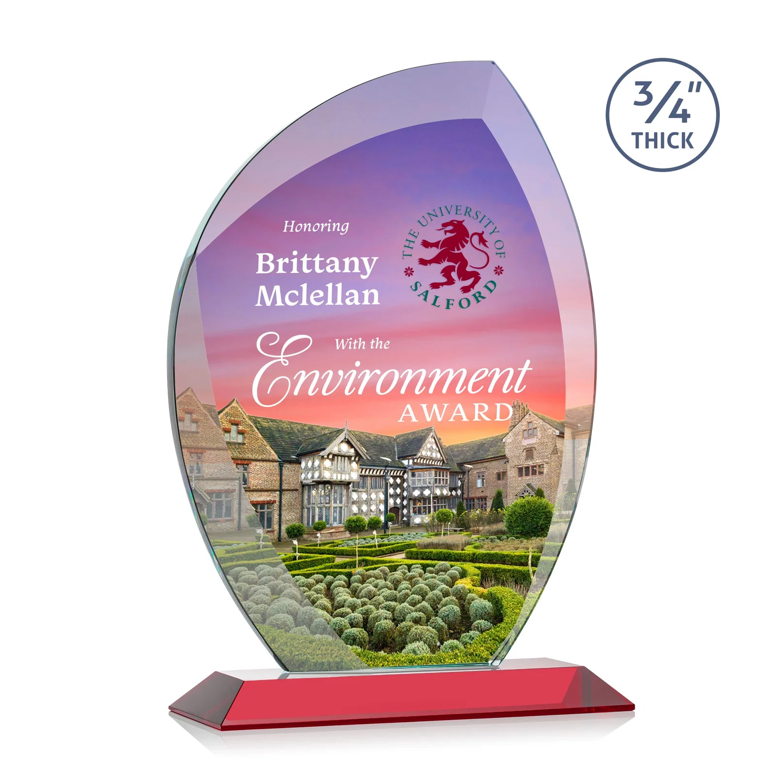 Customized Starfire Crystal Arch Award on Rosewood and Bamboo Base for retirement presentations