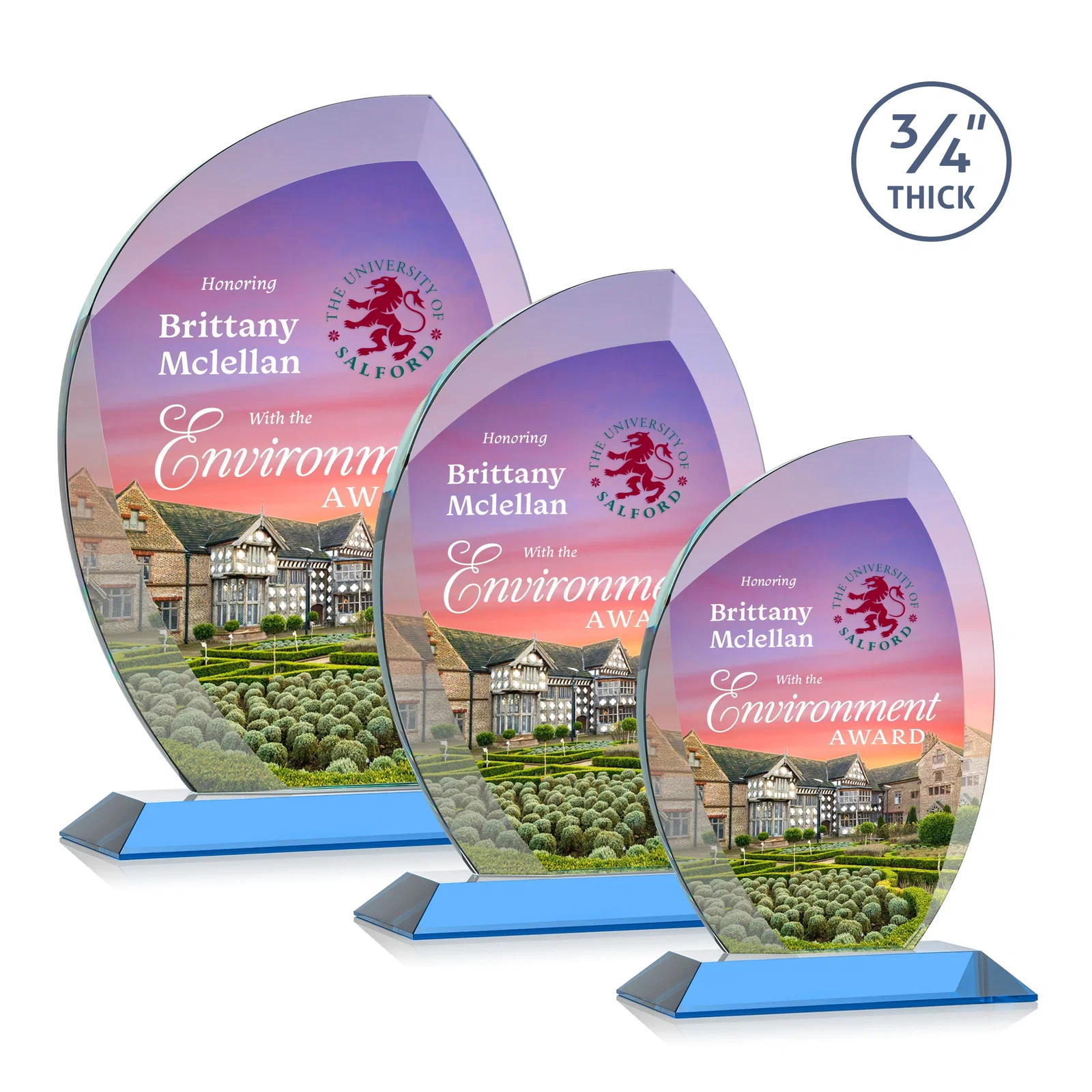 Customized Starfire Crystal Arch Award on Rosewood and Bamboo Base for team milestone celebrations