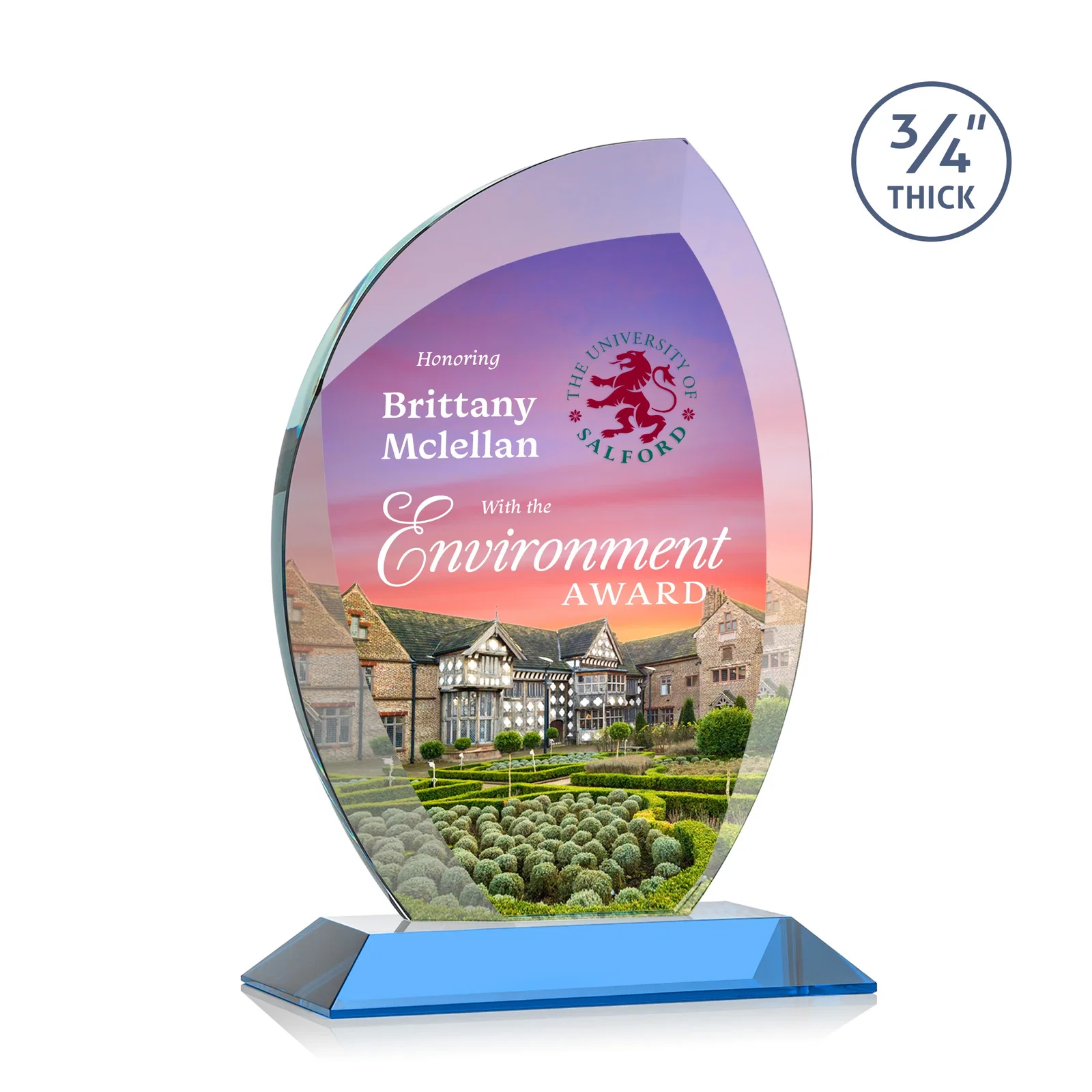 Customized Starfire Crystal Arch Award on Rosewood and Bamboo Base for donor appreciation