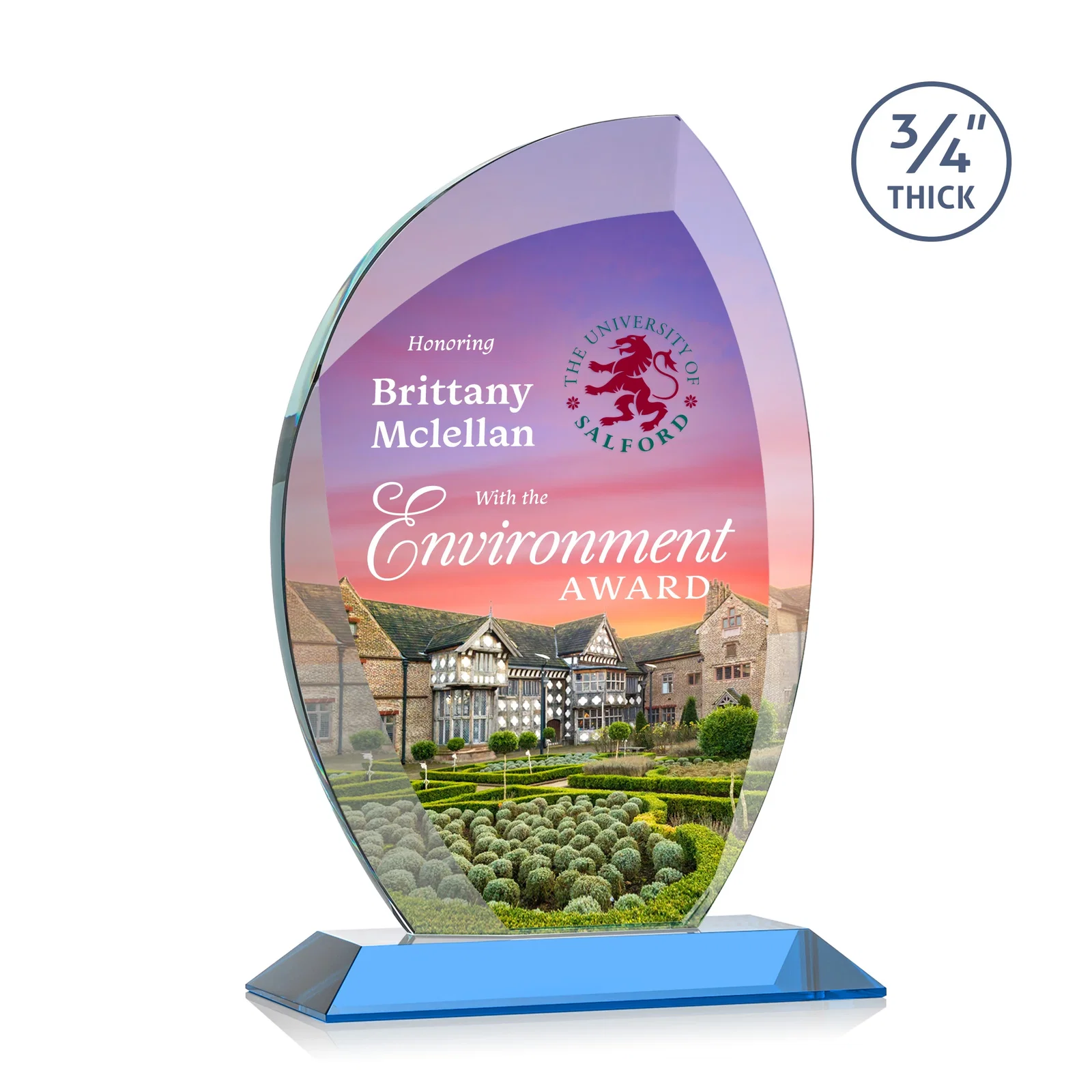 Customized Starfire Crystal Arch Award on Rosewood and Bamboo Base for graduation ceremonies