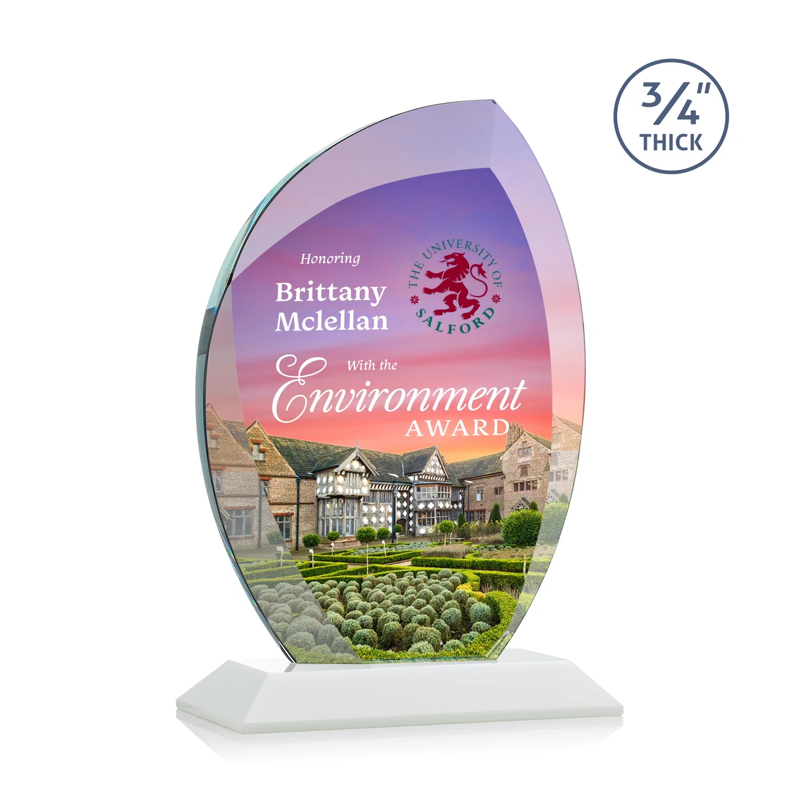 Customized Starfire Crystal Arch Award on Rosewood and Bamboo Base for dealer and partner awards