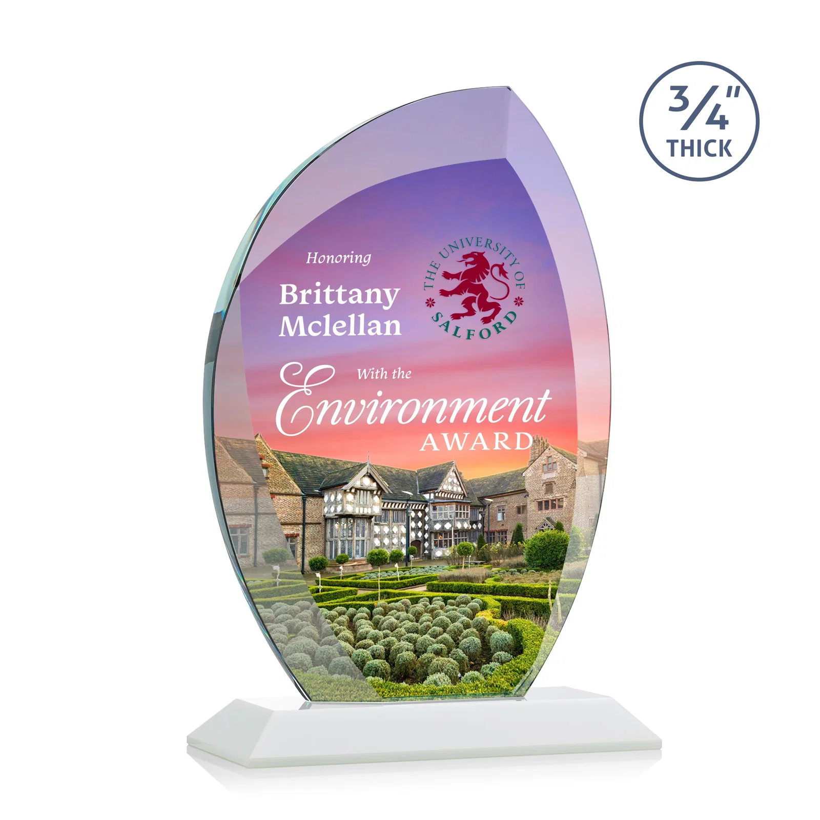 Customized Starfire Crystal Arch Award on Rosewood and Bamboo Base for company anniversary events