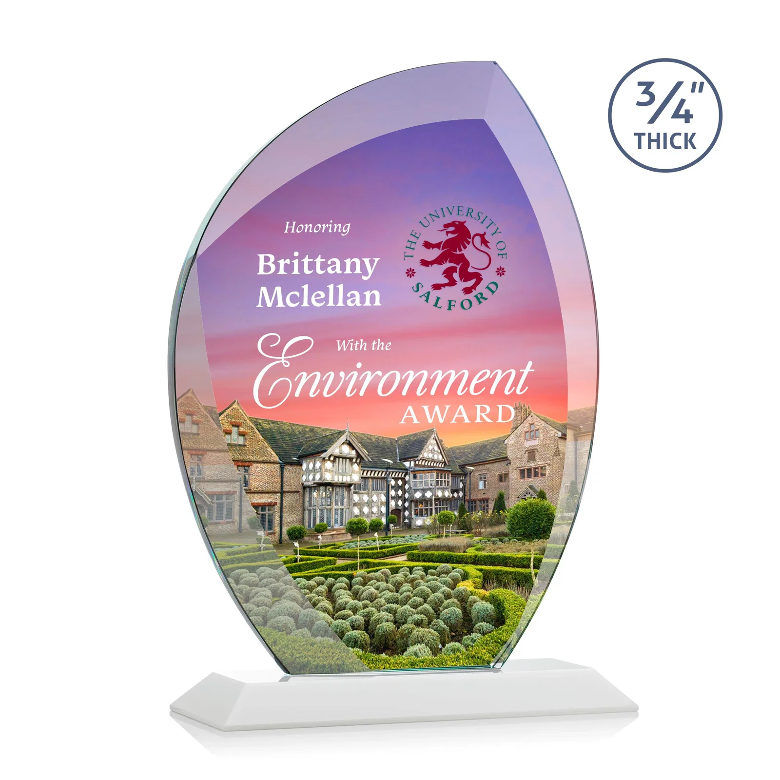 Custom engraved Starfire Crystal Arch Award on Rosewood and Bamboo Base for employee recognition