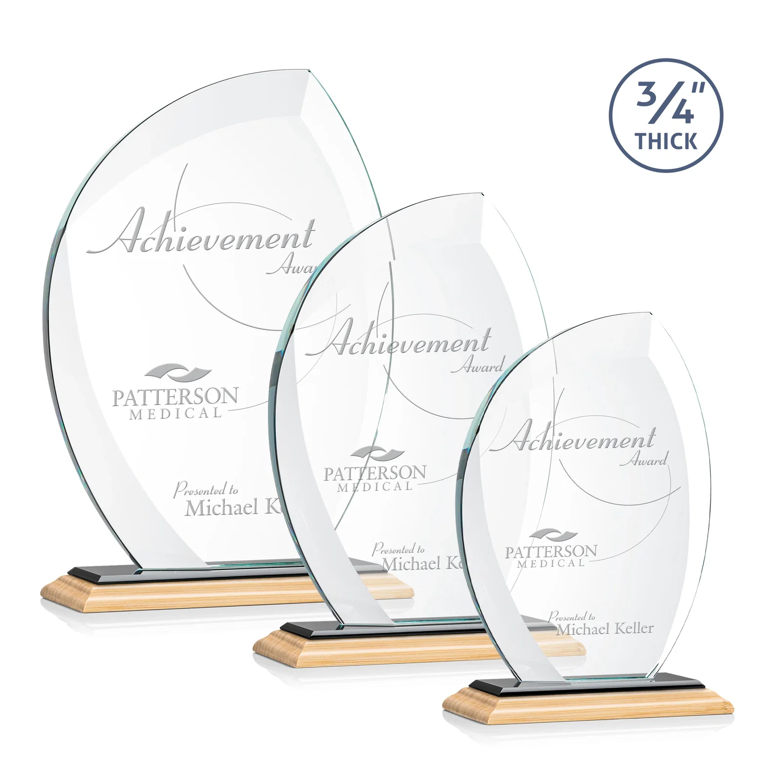 Custom engraved Starfire Crystal Arch Award on Rosewood and Bamboo Base for corporate award ceremonies