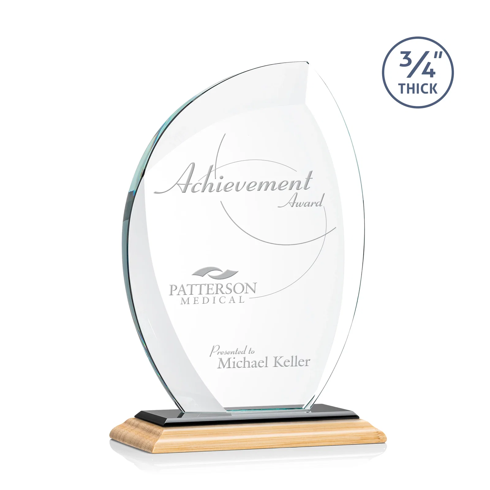 Custom engraved Starfire Crystal Arch Award on Rosewood and Bamboo Base for service anniversary gifts