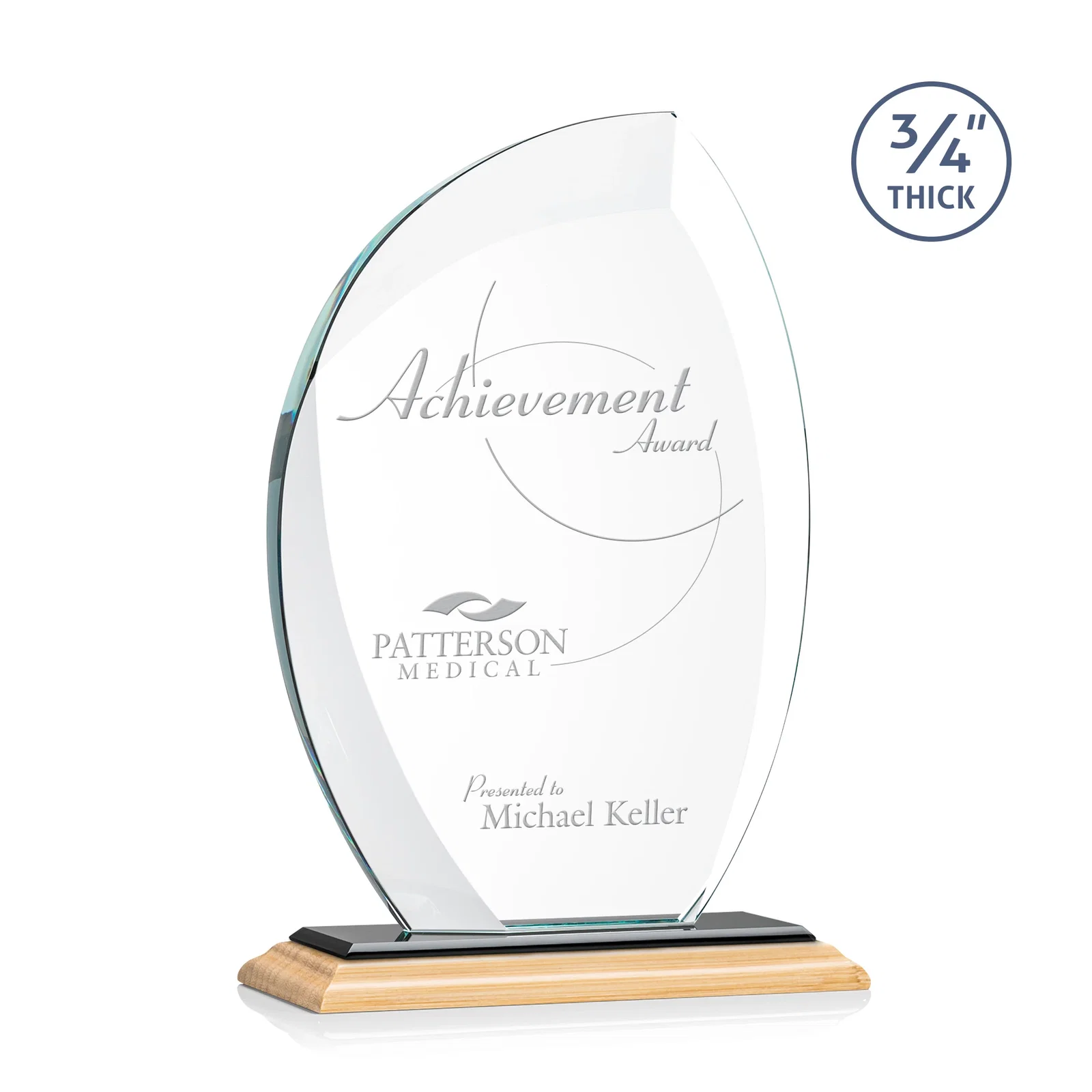 Custom engraved Starfire Crystal Arch Award on Rosewood and Bamboo Base for sales achievement awards