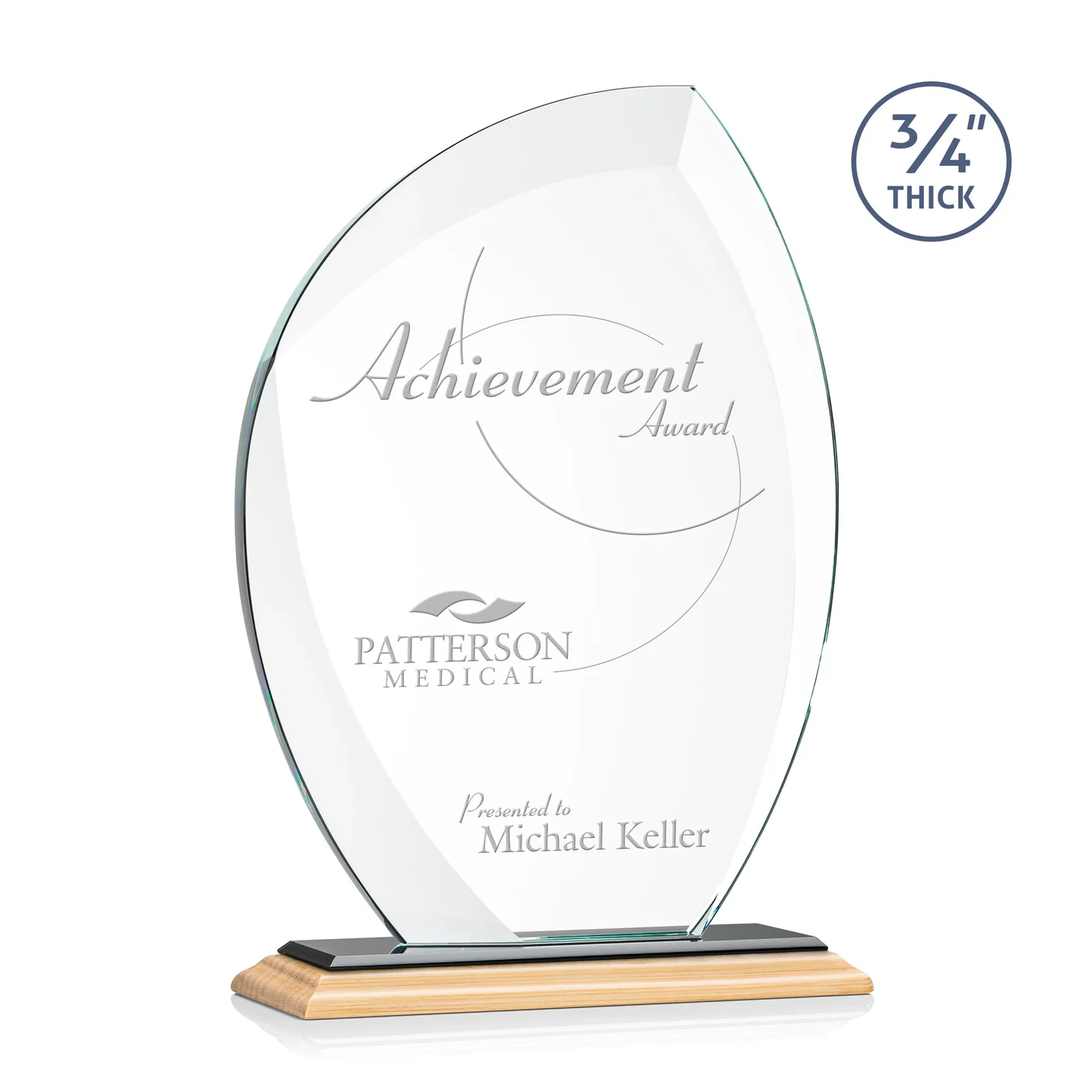 Custom engraved Starfire Crystal Arch Award on Rosewood and Bamboo Base for retirement presentations