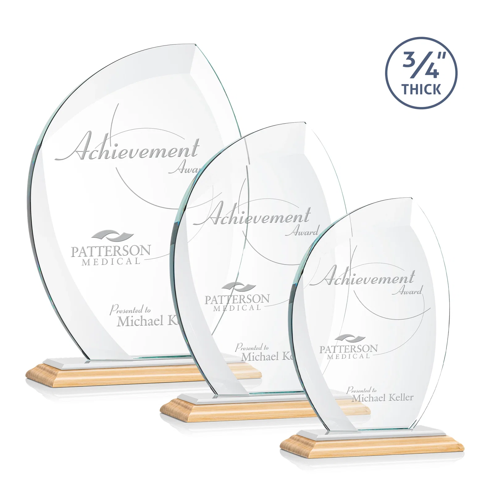 Custom engraved Starfire Crystal Arch Award on Rosewood and Bamboo Base for team milestone celebrations