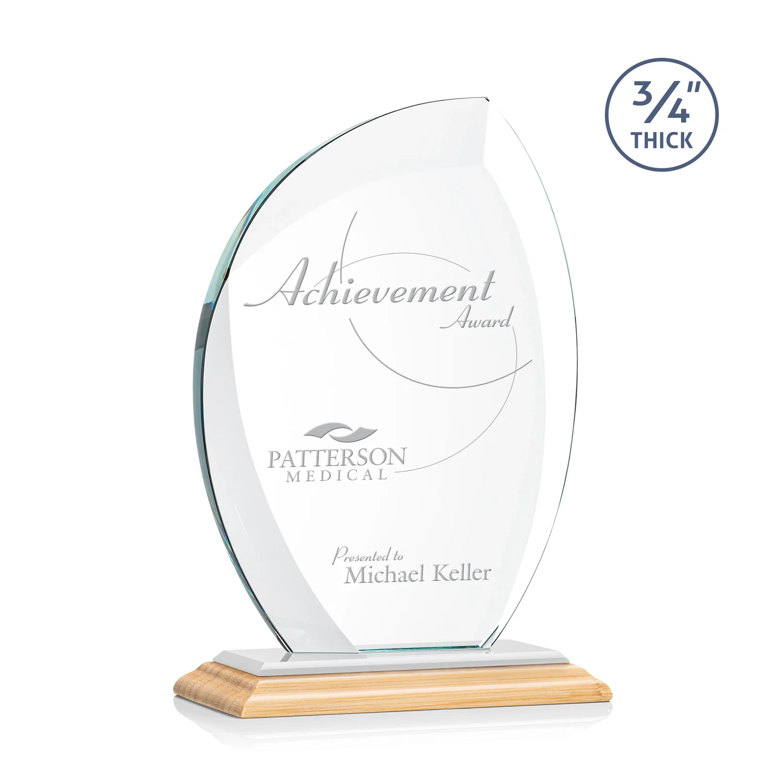 Custom engraved Starfire Crystal Arch Award on Rosewood and Bamboo Base for donor appreciation