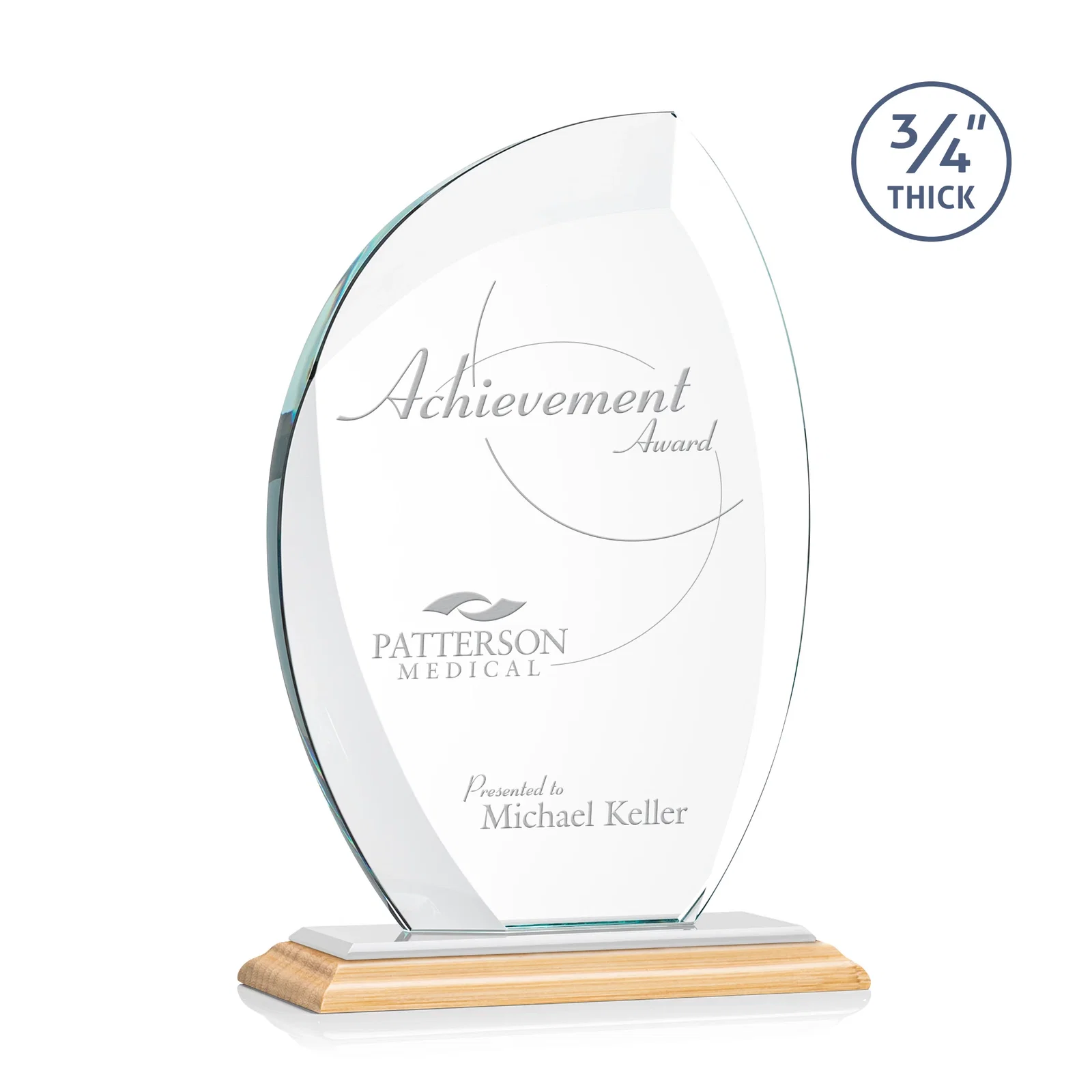 Custom engraved Starfire Crystal Arch Award on Rosewood and Bamboo Base for graduation ceremonies