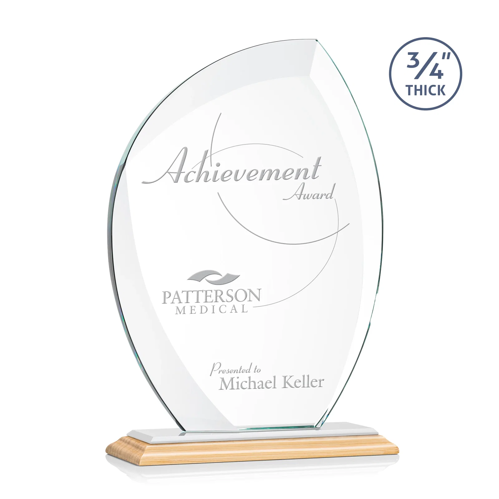 Custom engraved Starfire Crystal Arch Award on Rosewood and Bamboo Base for safety achievement programs