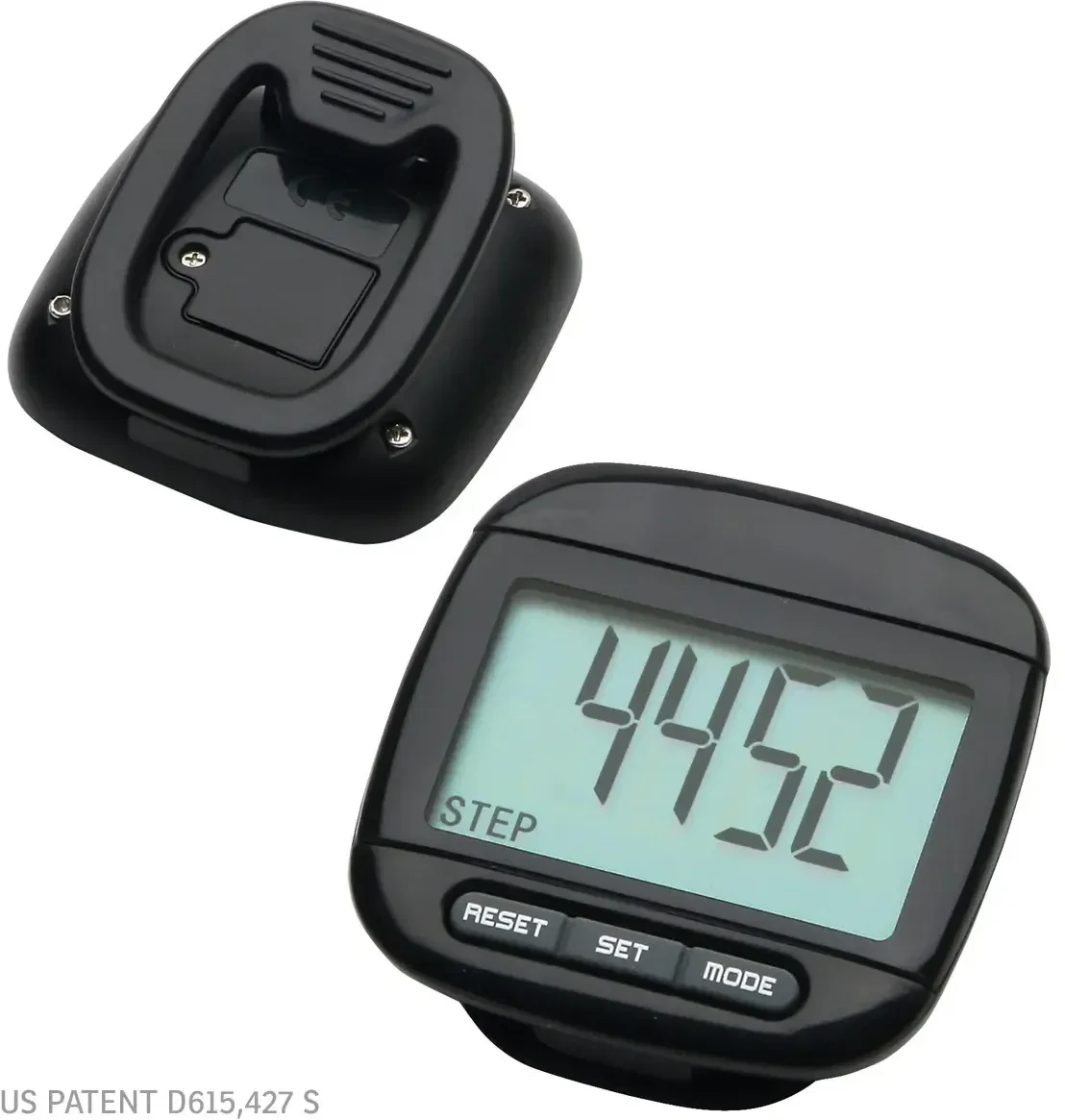 Custom branded pedometer showing its large LCD step count, angled view