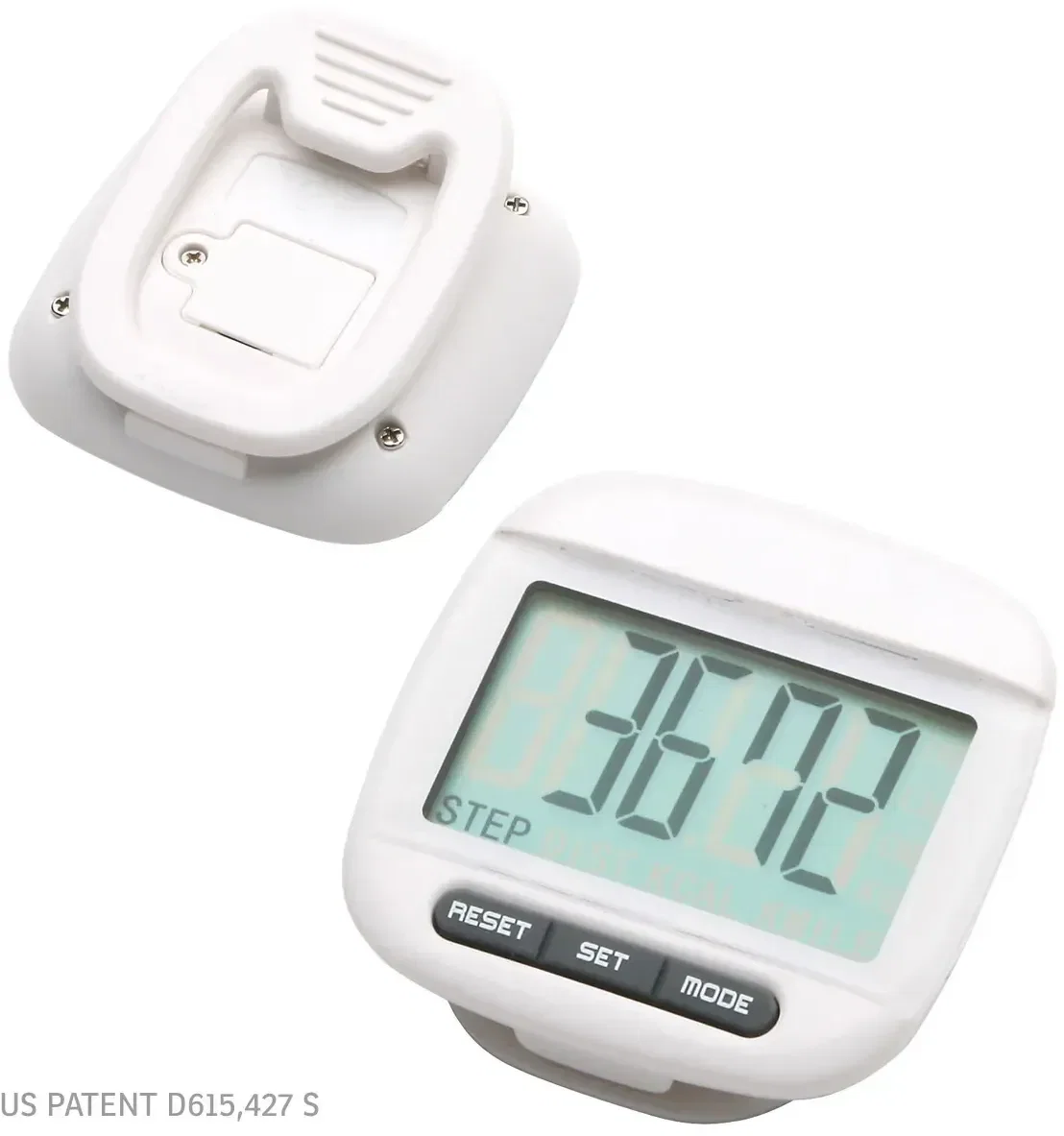 Promotional pedometer clipped to a waistband, side view
