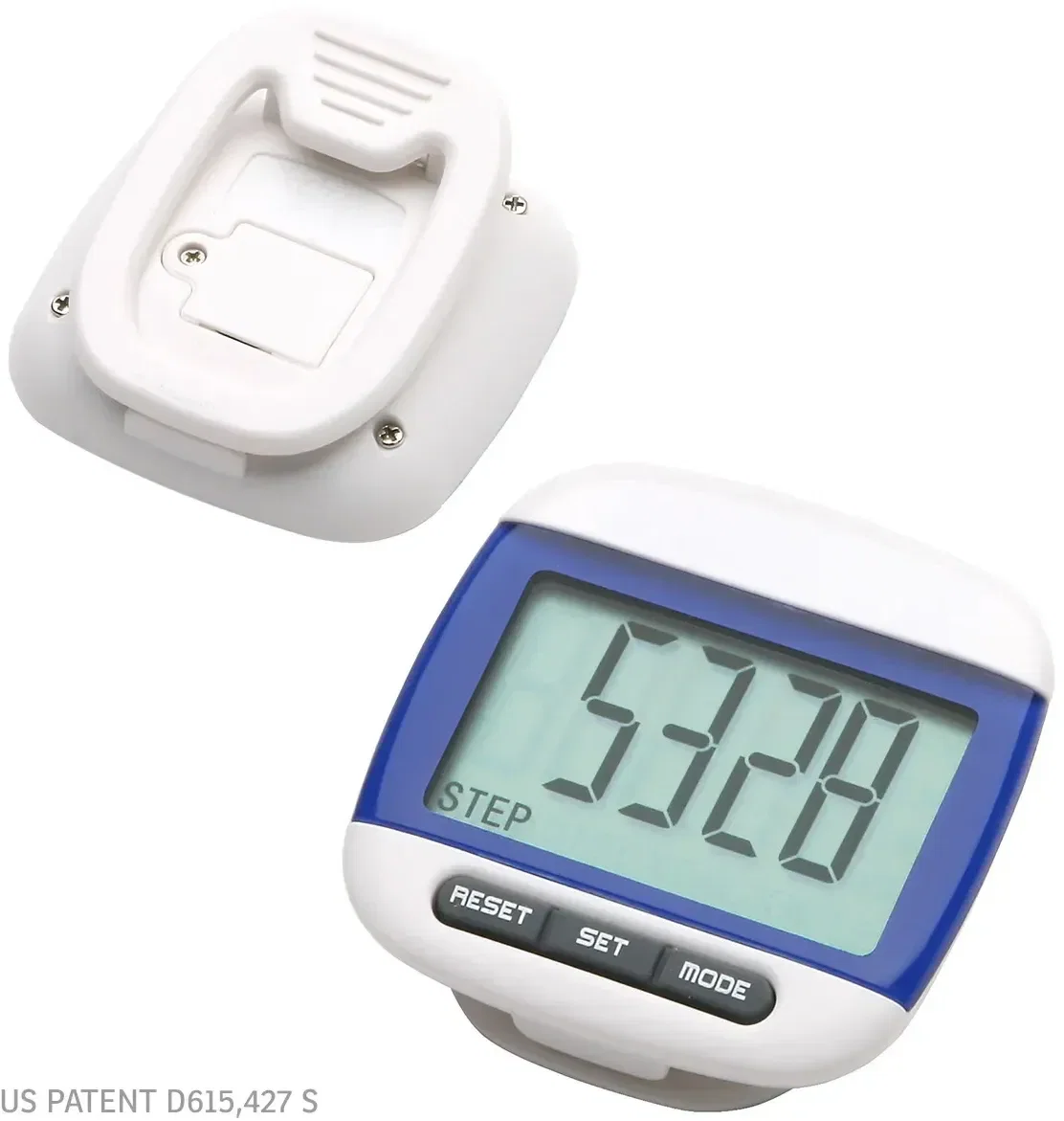 Close-up of logo imprint on promotional widescreen pedometer
