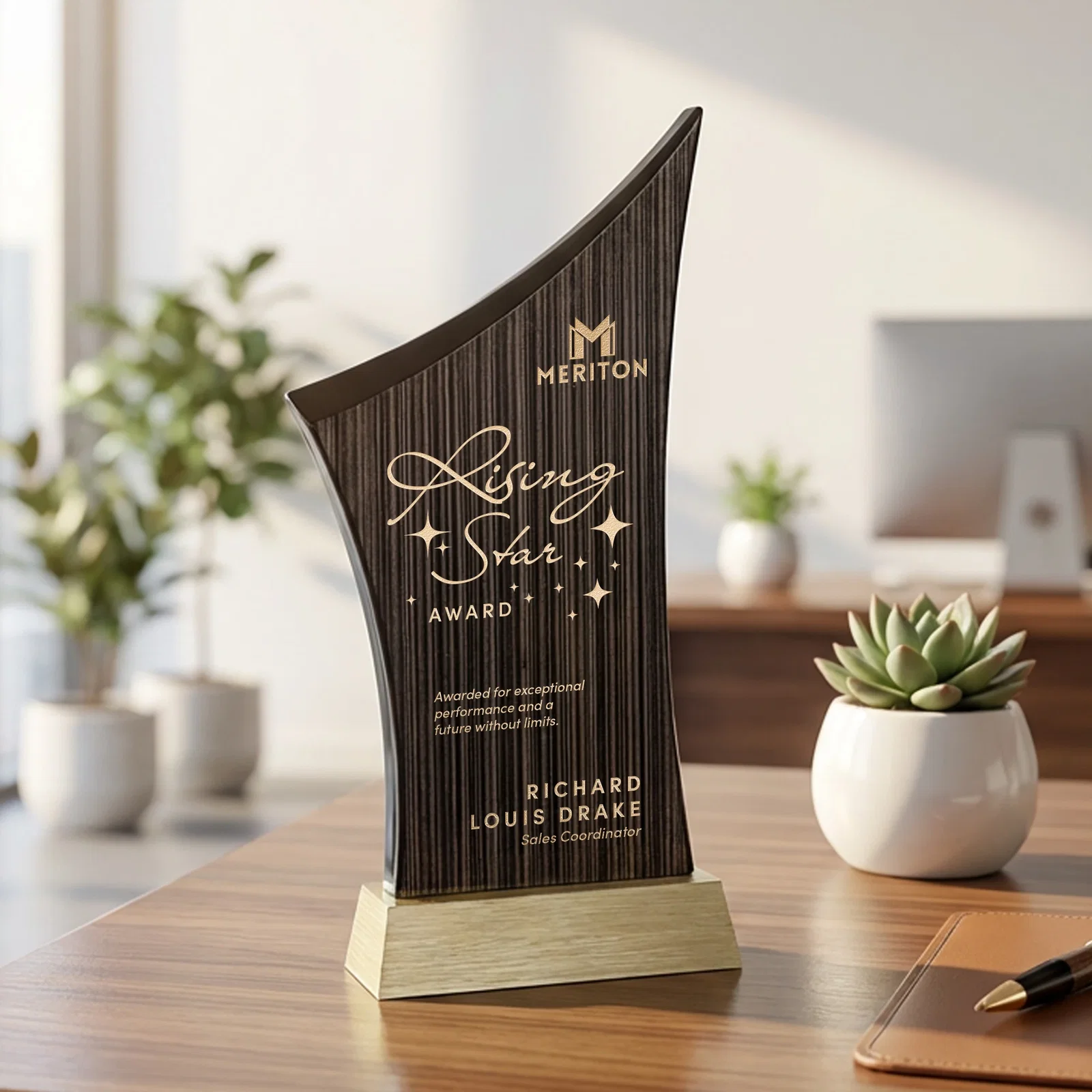 Custom Asymmetric Arc Slatewood Peak Award on Aluminum Base for volunteer appreciation
