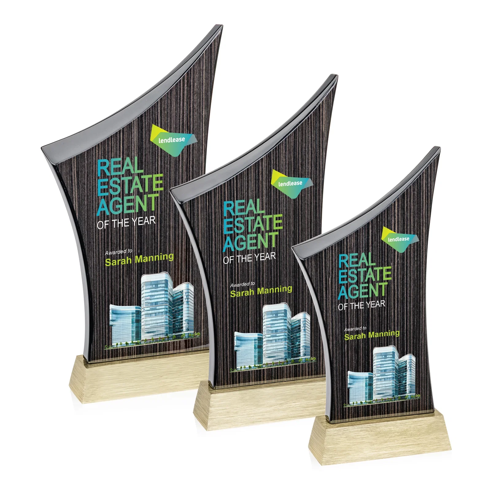 Custom Asymmetric Arc Slatewood Peak Award on Aluminum Base for dealer and partner awards