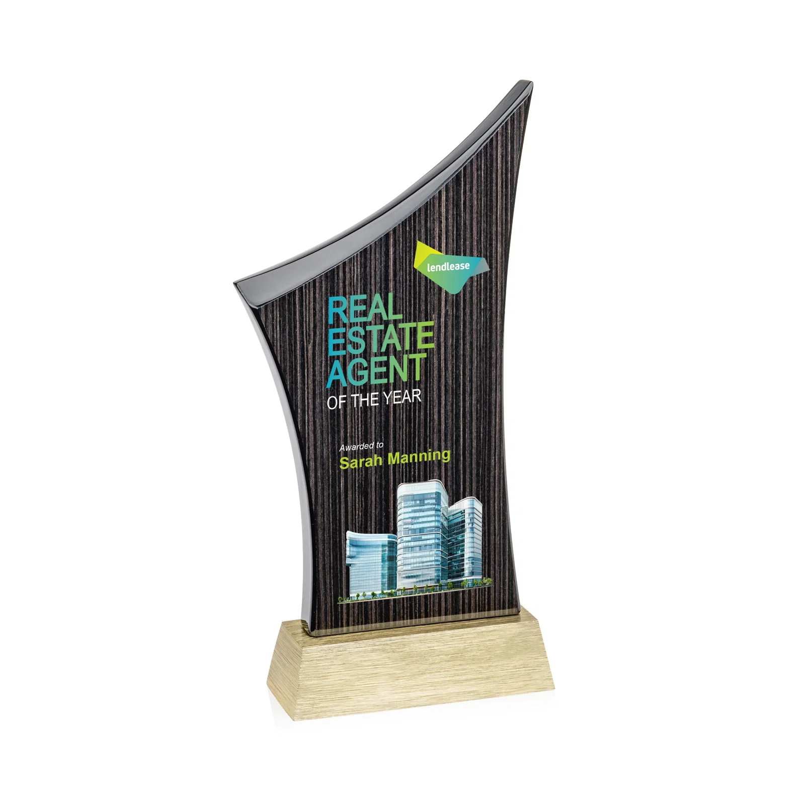 Custom Asymmetric Arc Slatewood Peak Award on Aluminum Base for company anniversary events