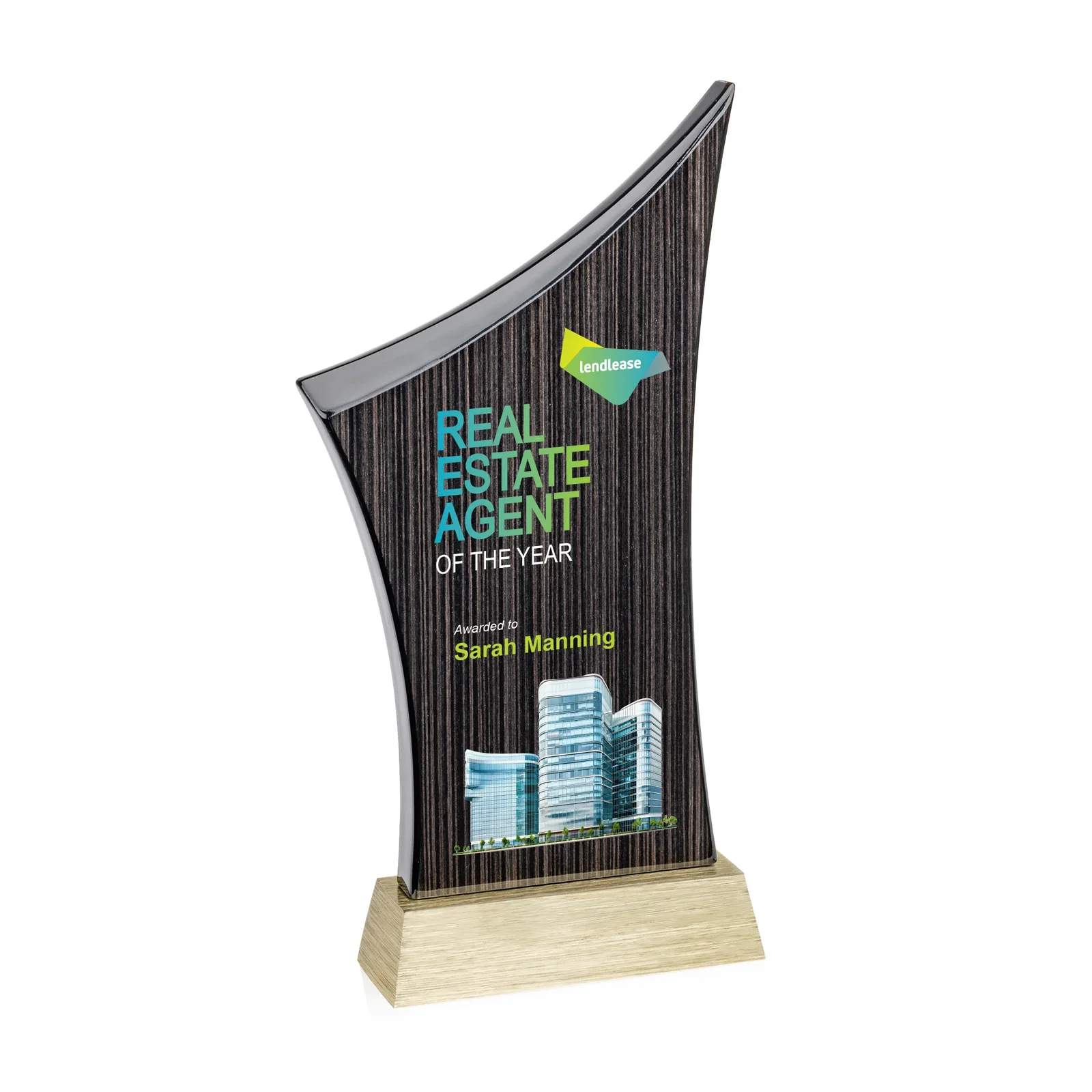 Personalized Asymmetric Arc Slatewood Peak Award on Aluminum Base for employee recognition