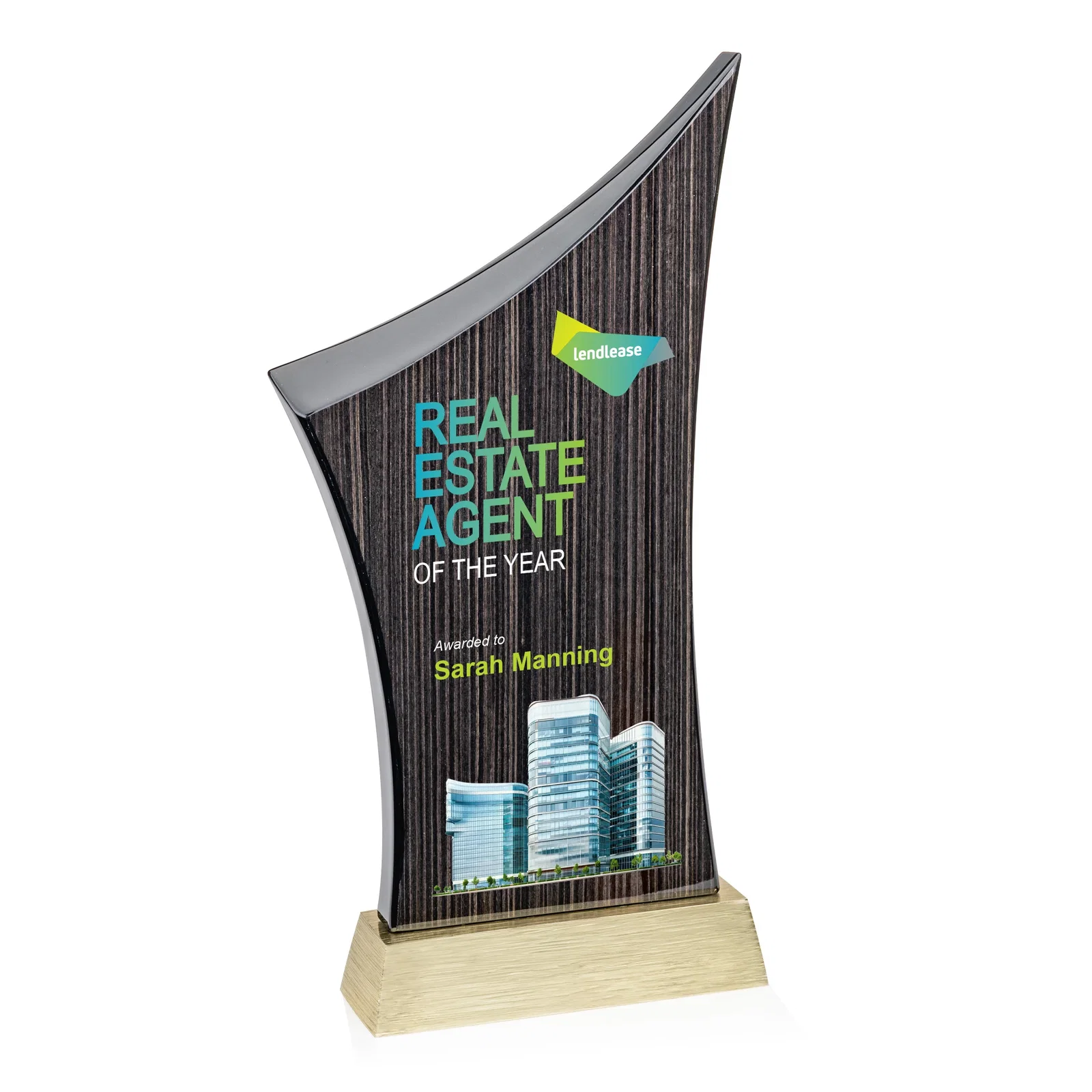 Personalized Asymmetric Arc Slatewood Peak Award on Aluminum Base for corporate award ceremonies