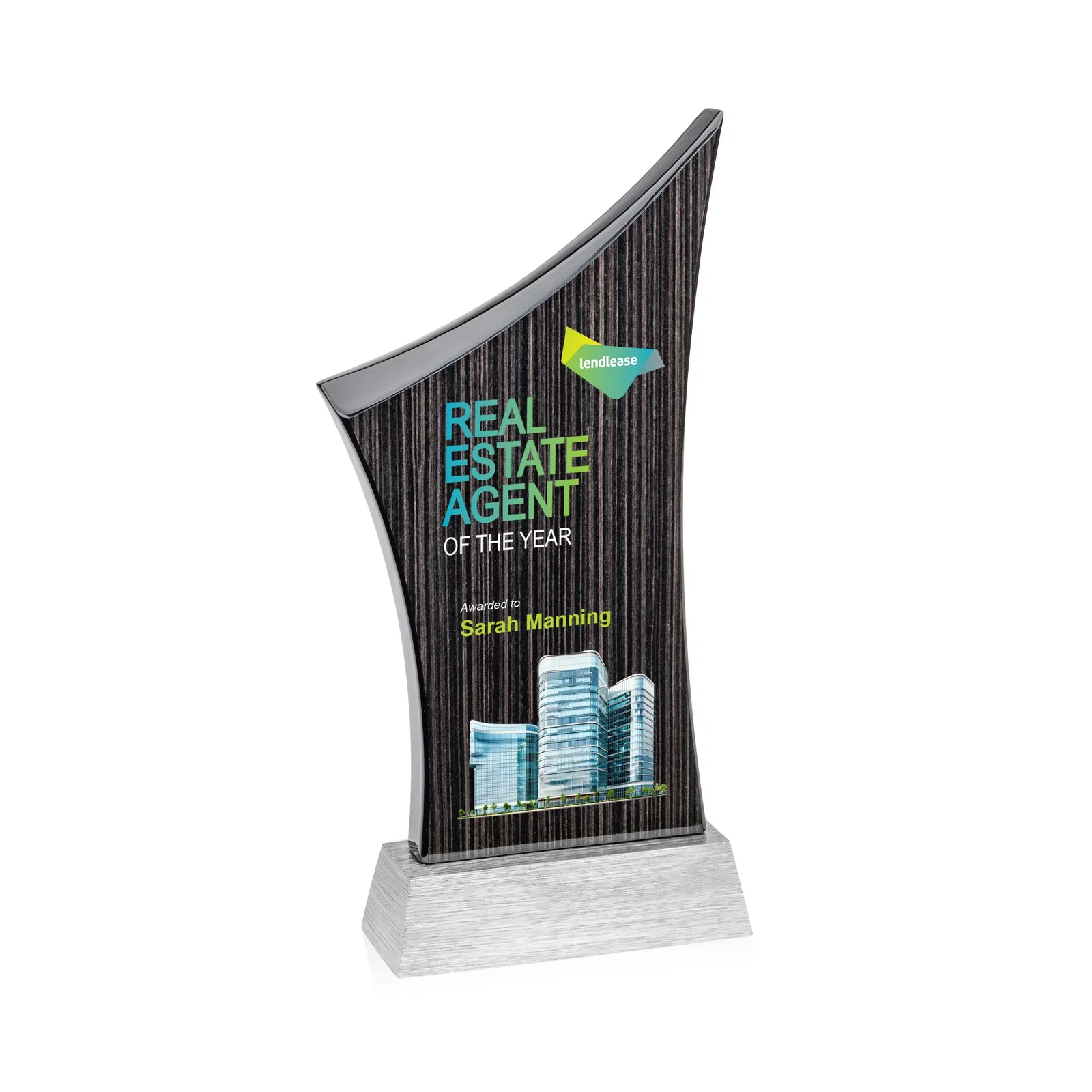 Personalized Asymmetric Arc Slatewood Peak Award on Aluminum Base for retirement presentations