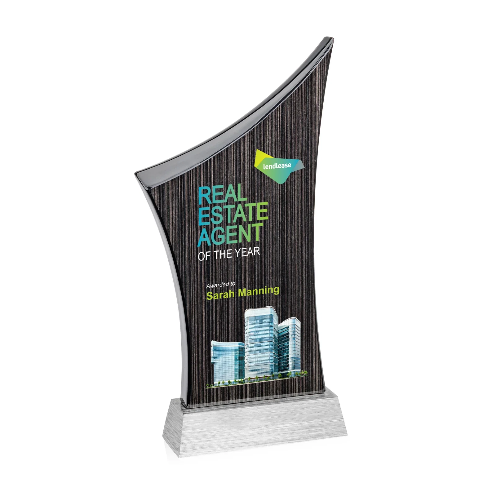 Personalized Asymmetric Arc Slatewood Peak Award on Aluminum Base for team milestone celebrations