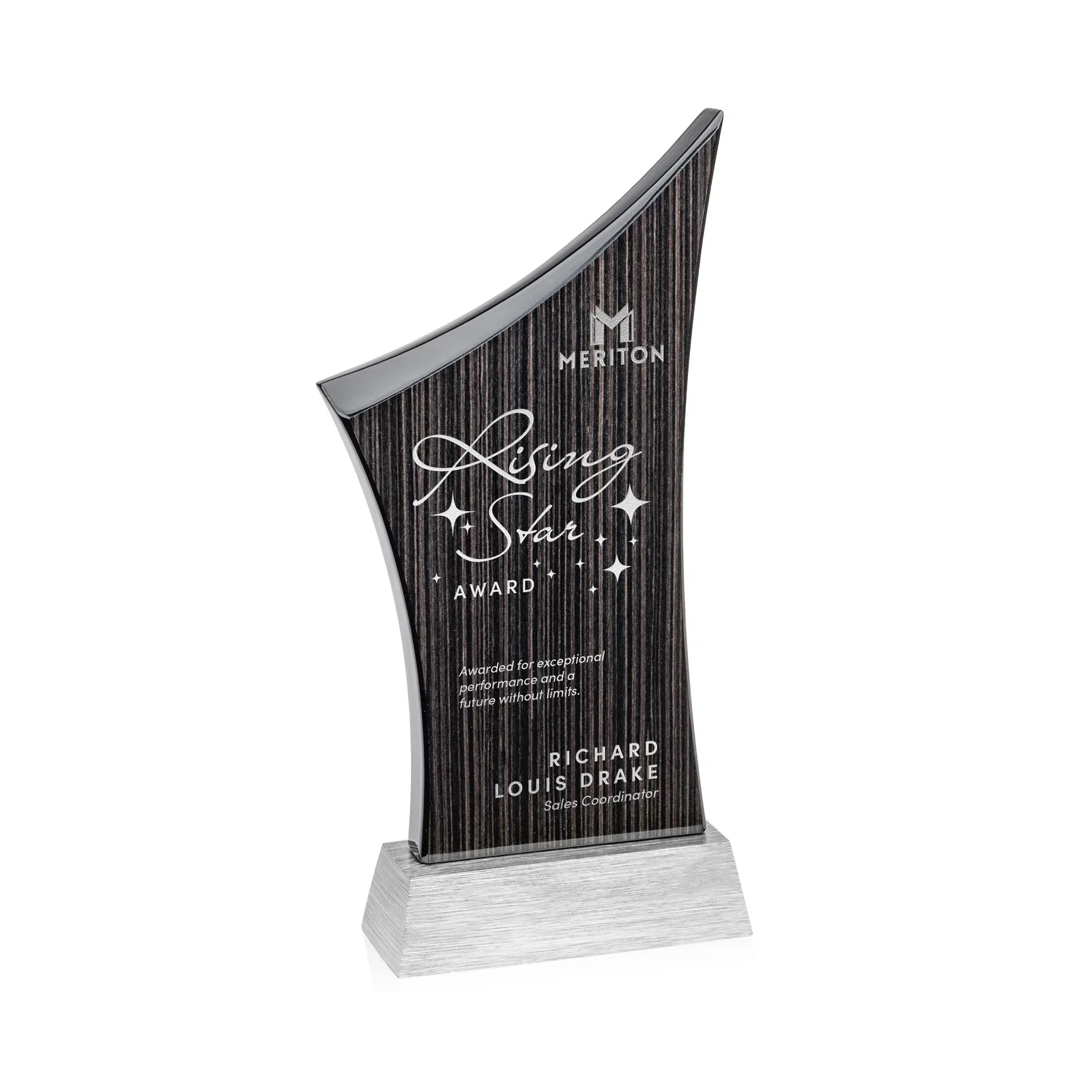 Custom Asymmetric Arc Slatewood Peak Award on Aluminum Base for corporate award ceremonies