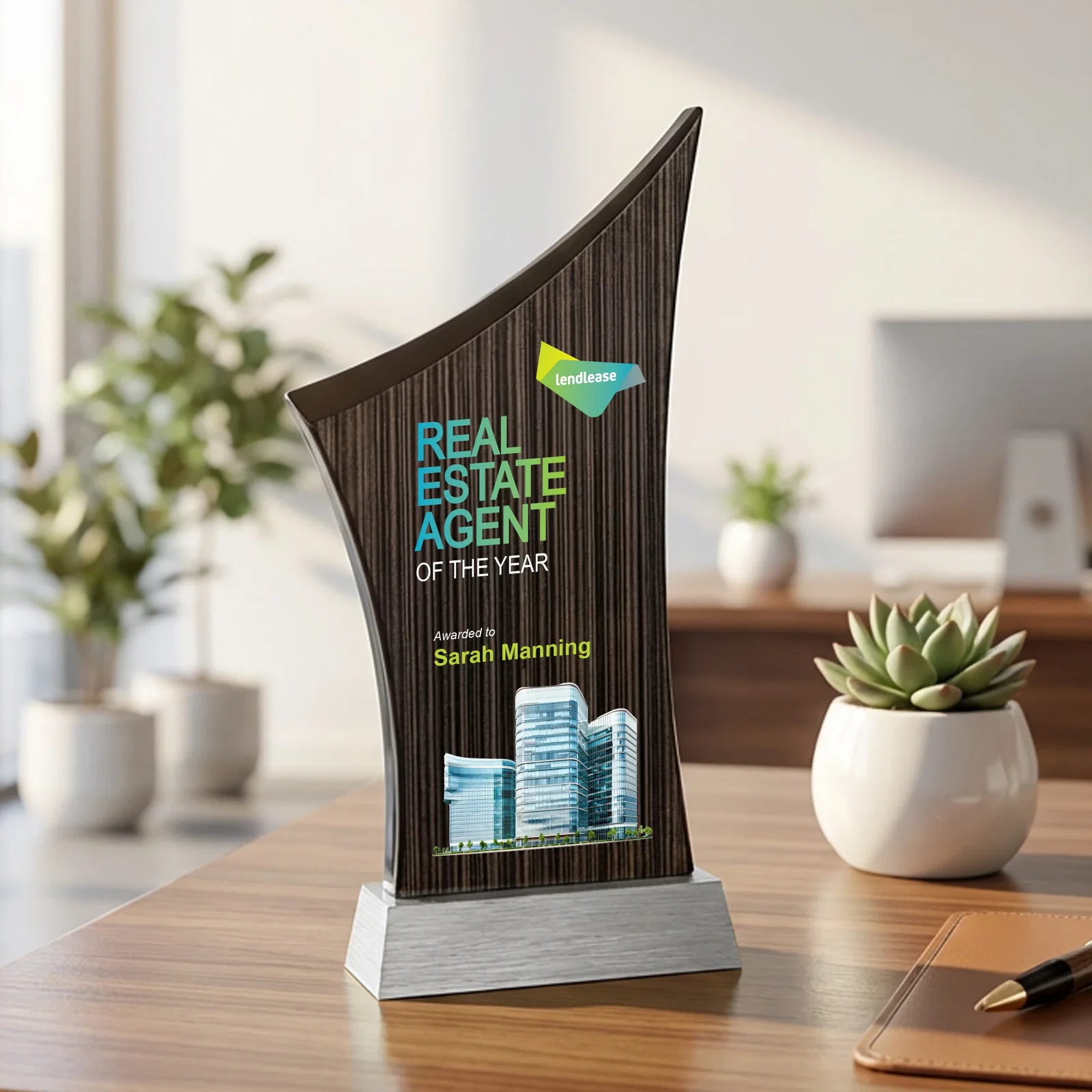 Personalized Asymmetric Arc Slatewood Peak Award on Aluminum Base for graduation ceremonies