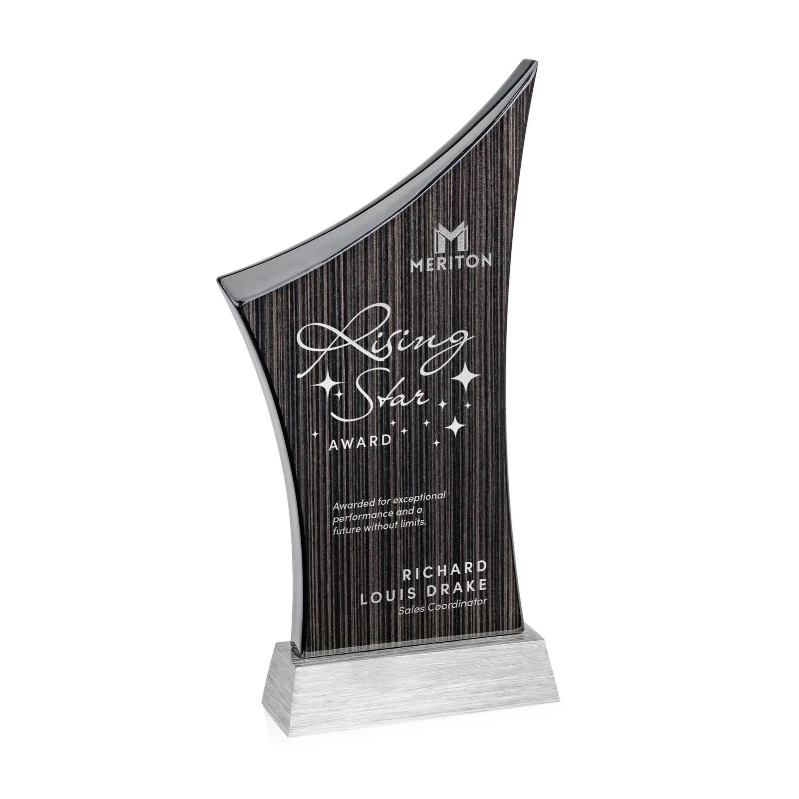 Custom Asymmetric Arc Slatewood Peak Award on Aluminum Base for service anniversary gifts