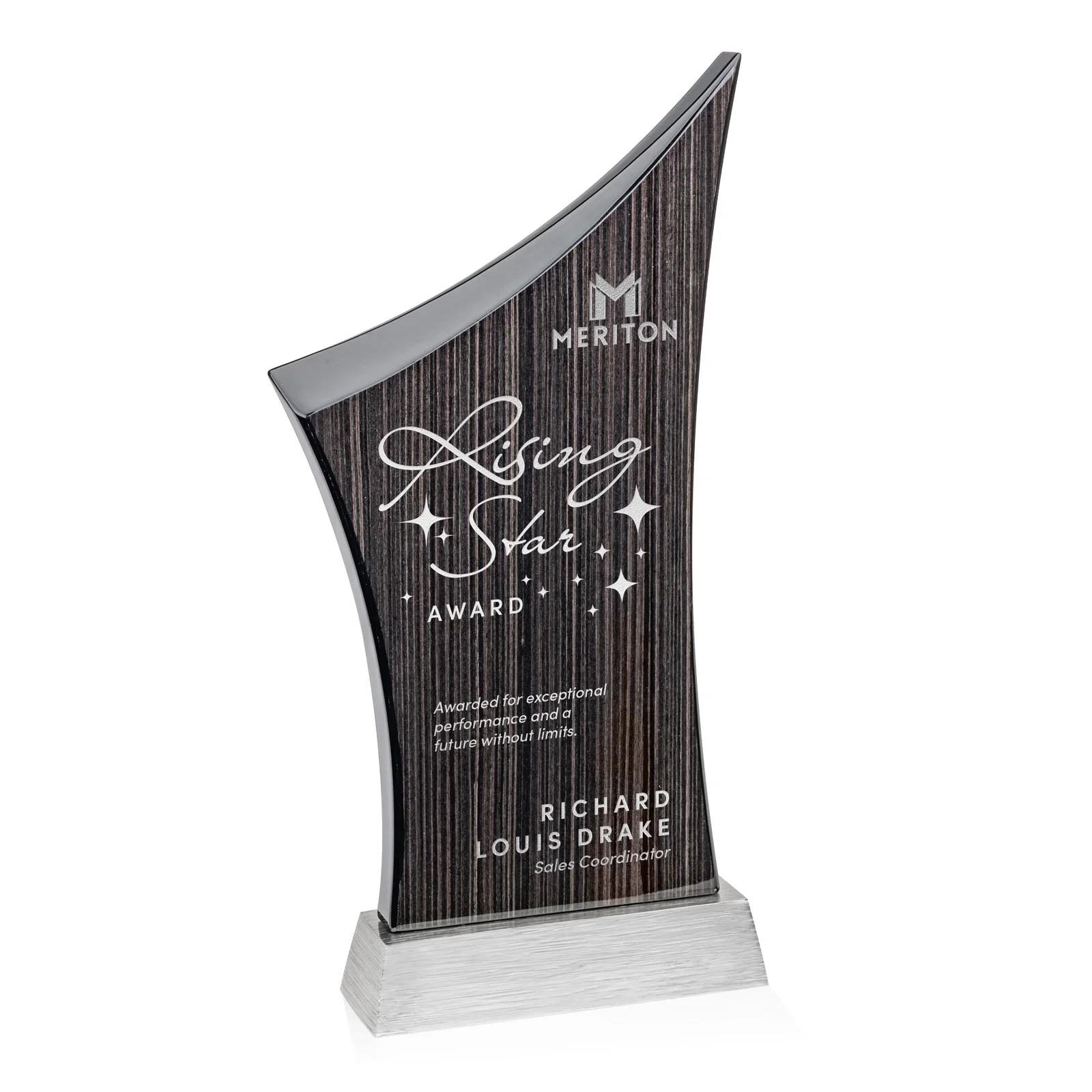 Custom Asymmetric Arc Slatewood Peak Award on Aluminum Base for sales achievement awards