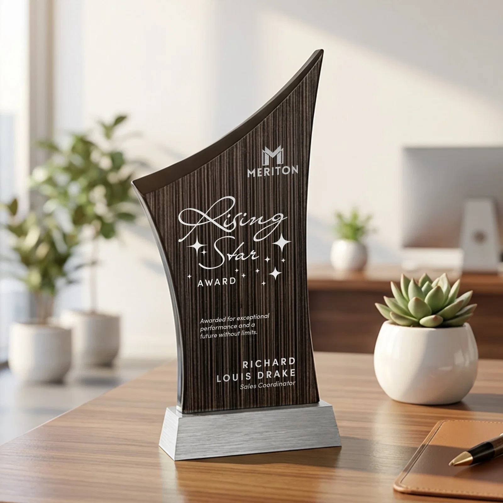 Custom Asymmetric Arc Slatewood Peak Award on Aluminum Base for retirement presentations