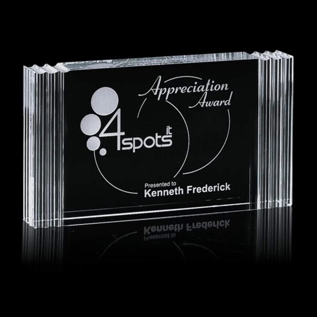 Custom Optical Crystal Rectangle Award With Layered Ridge Edges, awards for corporate award ceremonies
