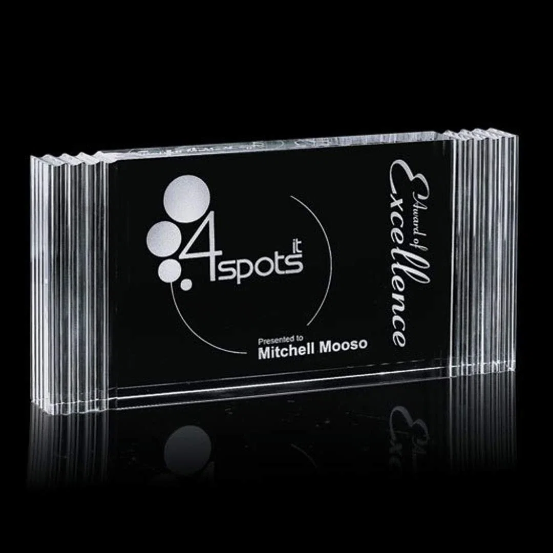 Custom Optical Crystal Rectangle Award With Layered Ridge Edges, awards for service anniversary gifts