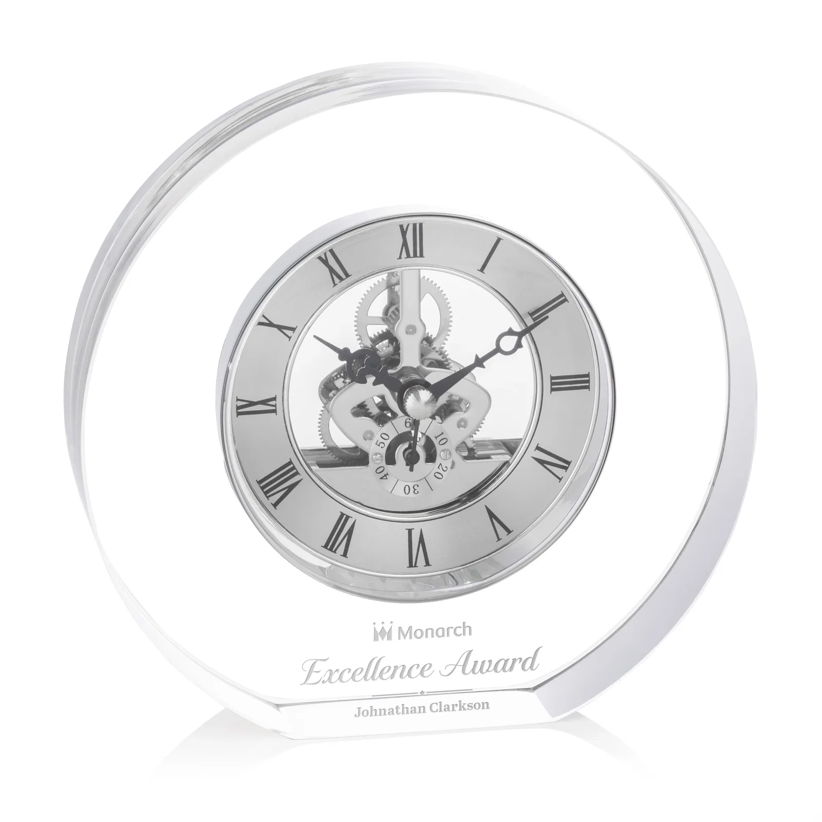 Custom Optical Crystal Clock With Roman Numeral Skeleton Movement for employee recognition